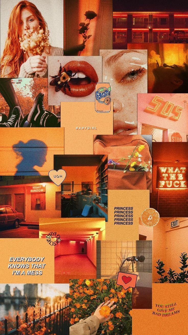 Aesthetic phone background collage of orange and brown images - Neon orange