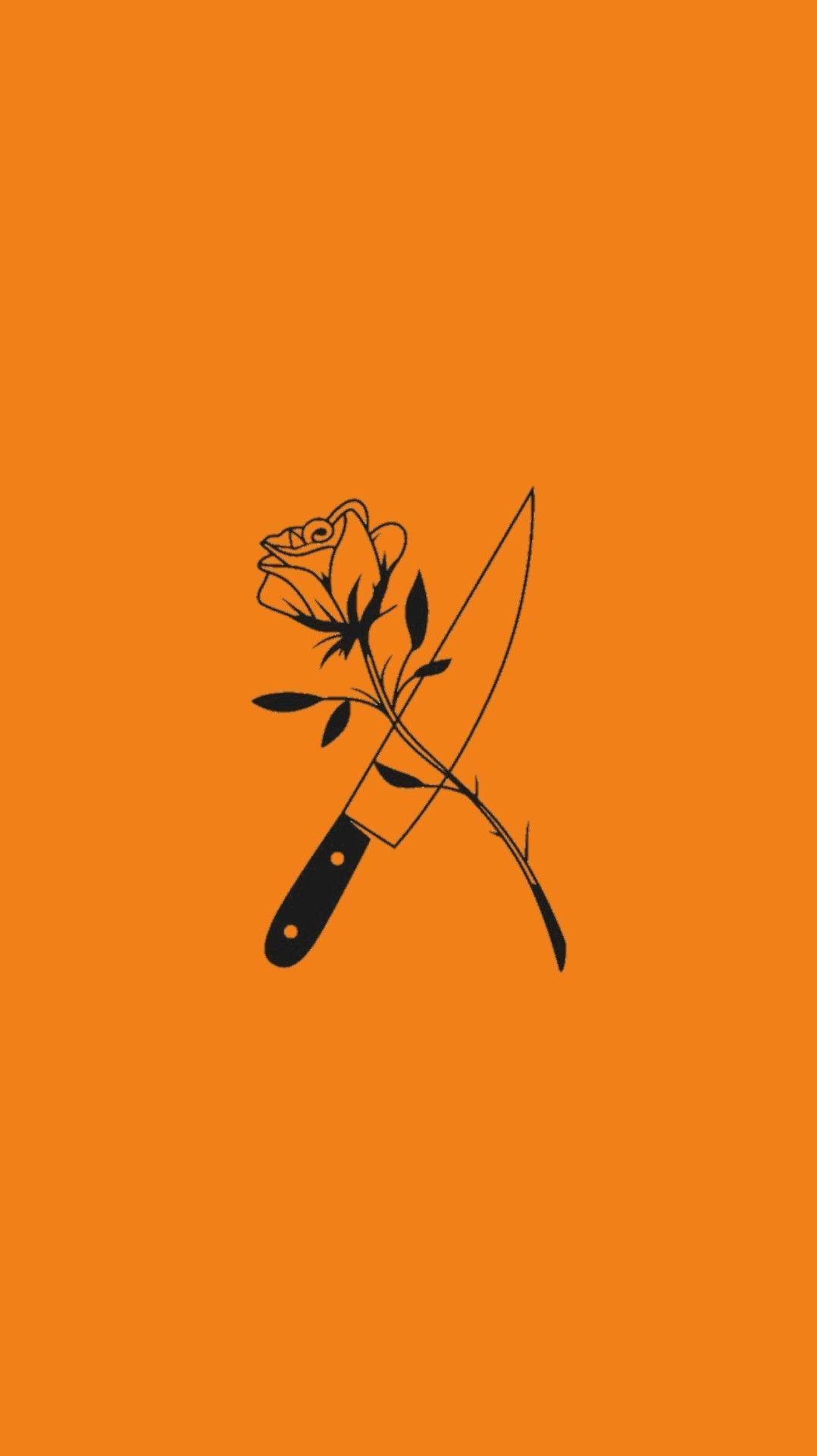 A knife and rose on an orange background - Neon orange