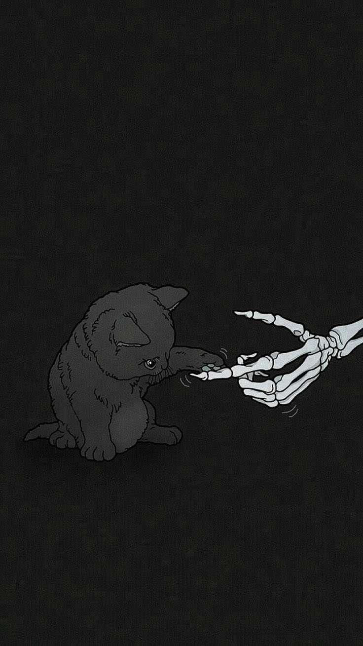 A black cat is playing with a skeleton hand wallpaper - Gothic