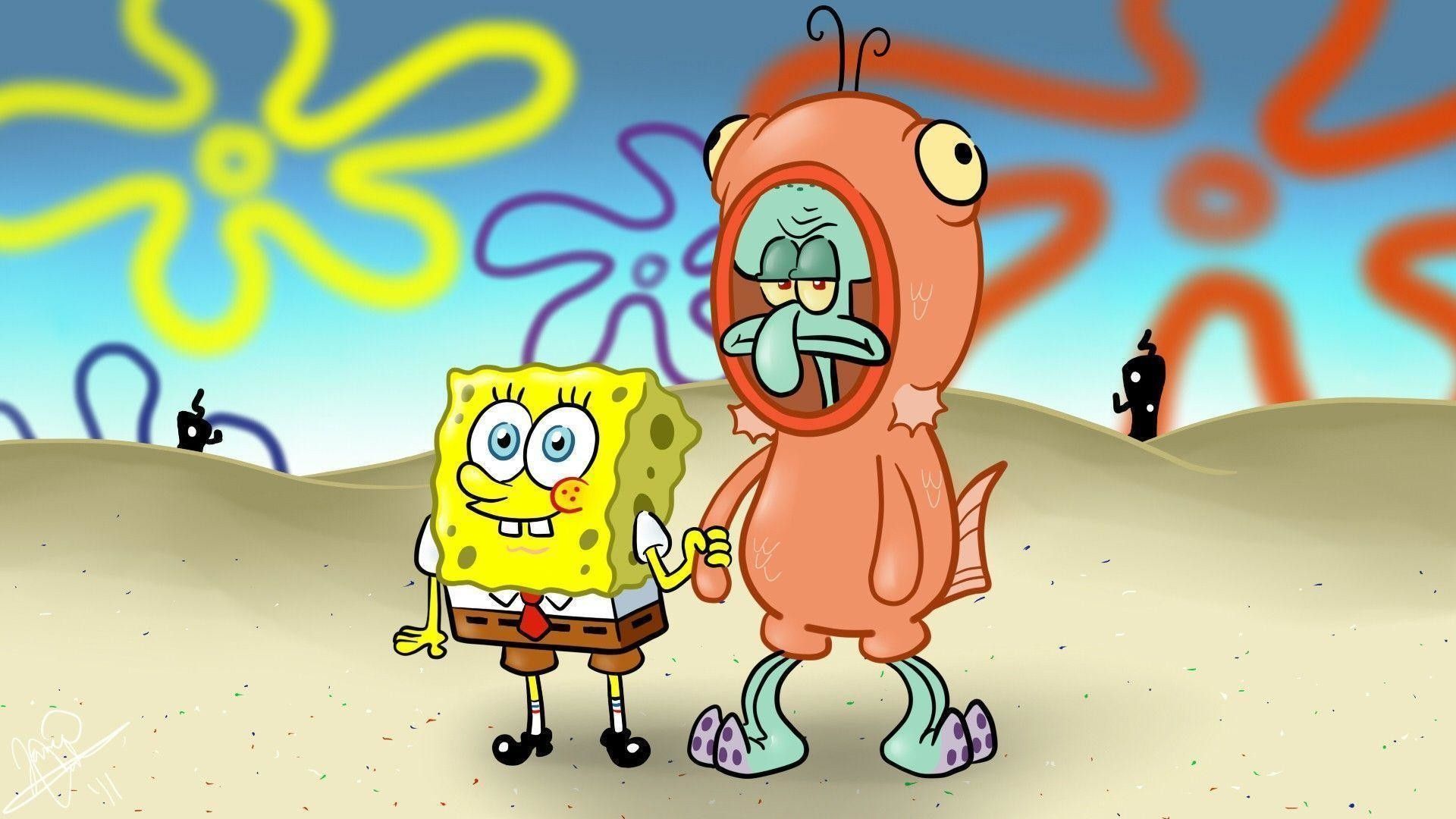 SpongeBob and Squidward walking on the beach. - Squidward, SpongeBob