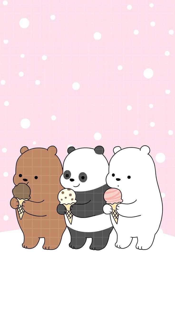 Wallpaper of the bears from We bare bears eating ice cream on a pink background - We Bare Bears