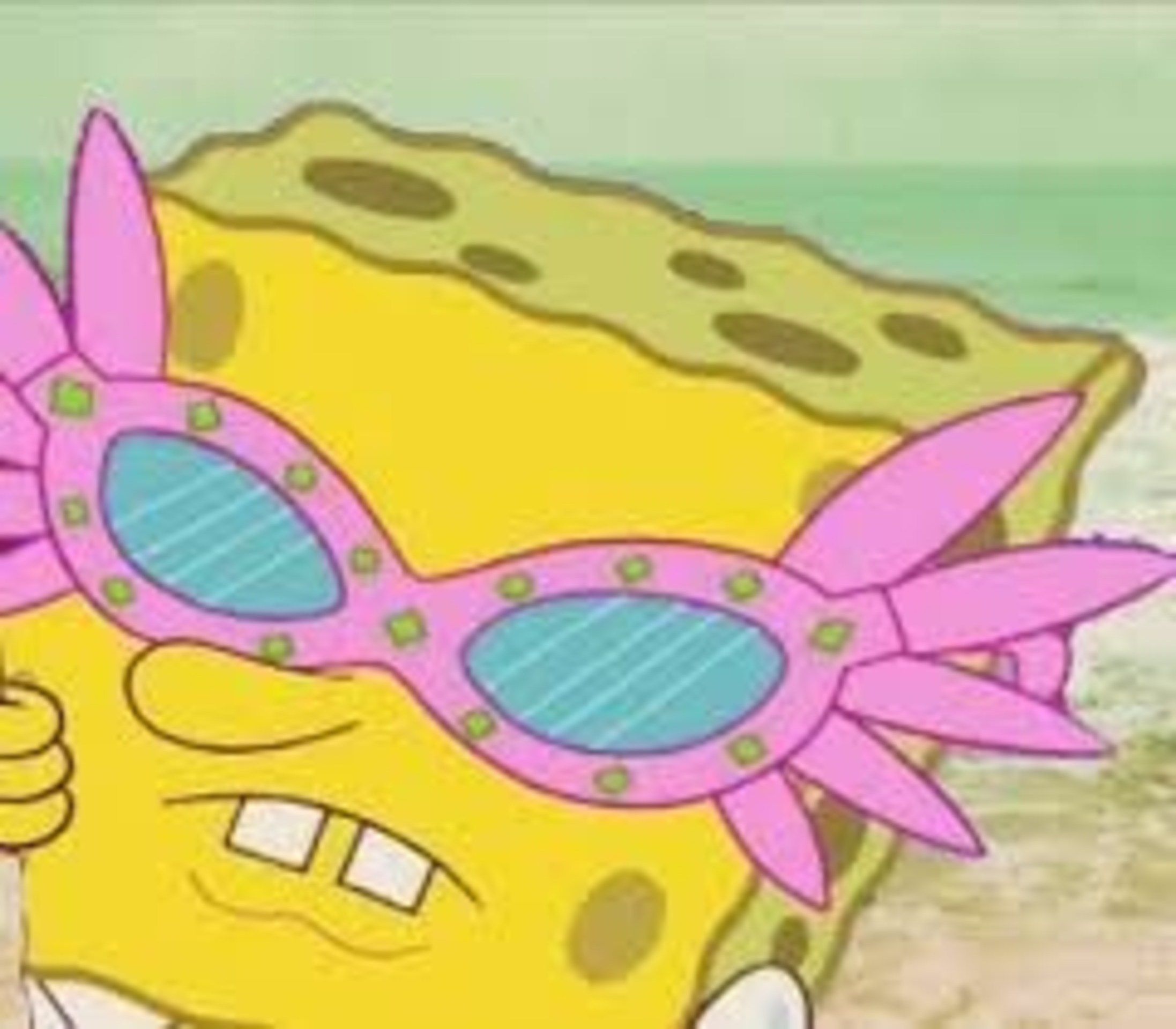 A picture of SpongeBob SquarePants wearing pink sunglasses. - SpongeBob
