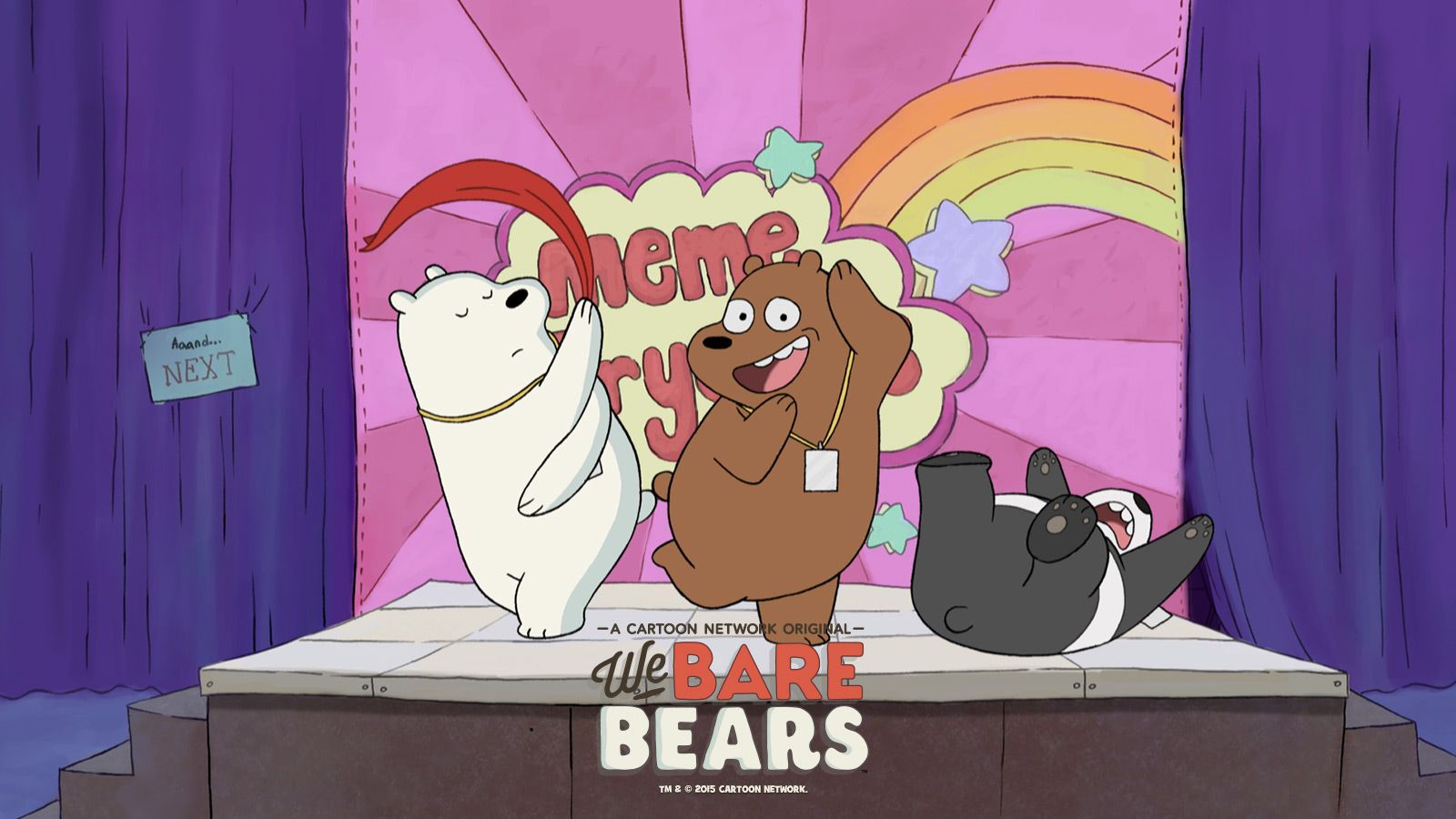 A cartoon of bears on stage with rainbow - We Bare Bears