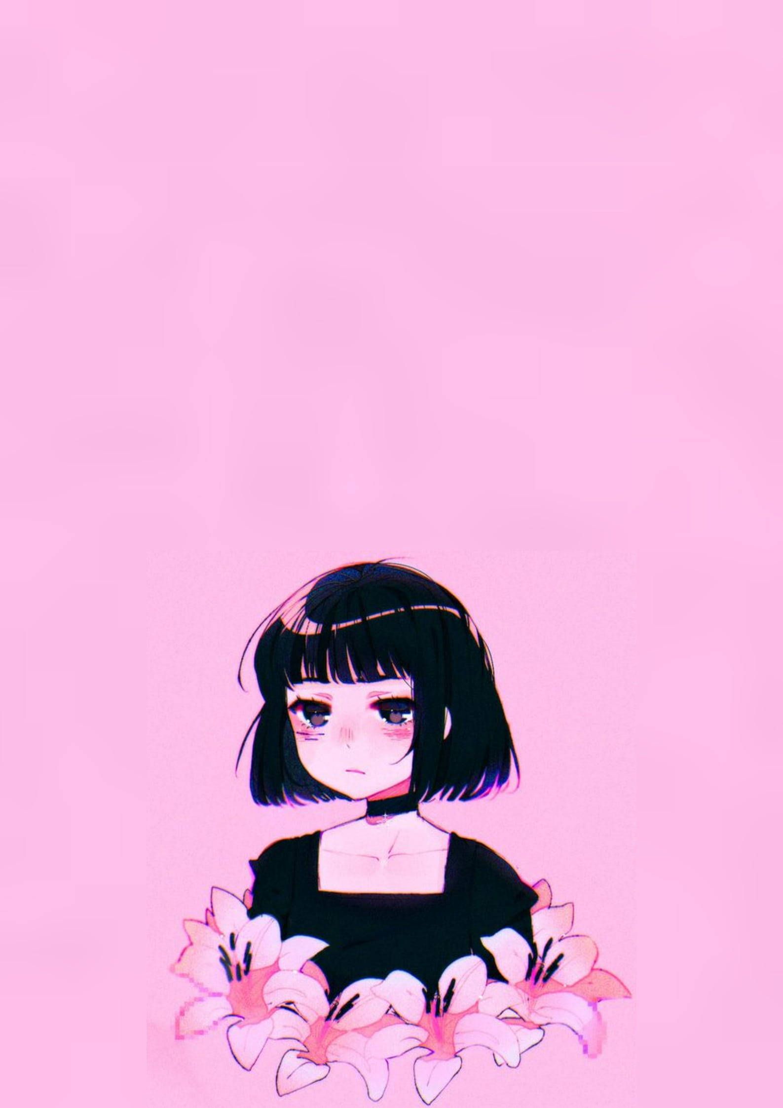 A girl with black hair and flowers in her head - Gothic, anime girl, pink anime