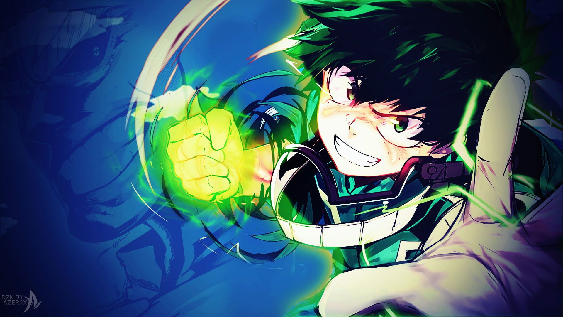 A cartoon character with green eyes and black hair - My Hero Academia, Deku