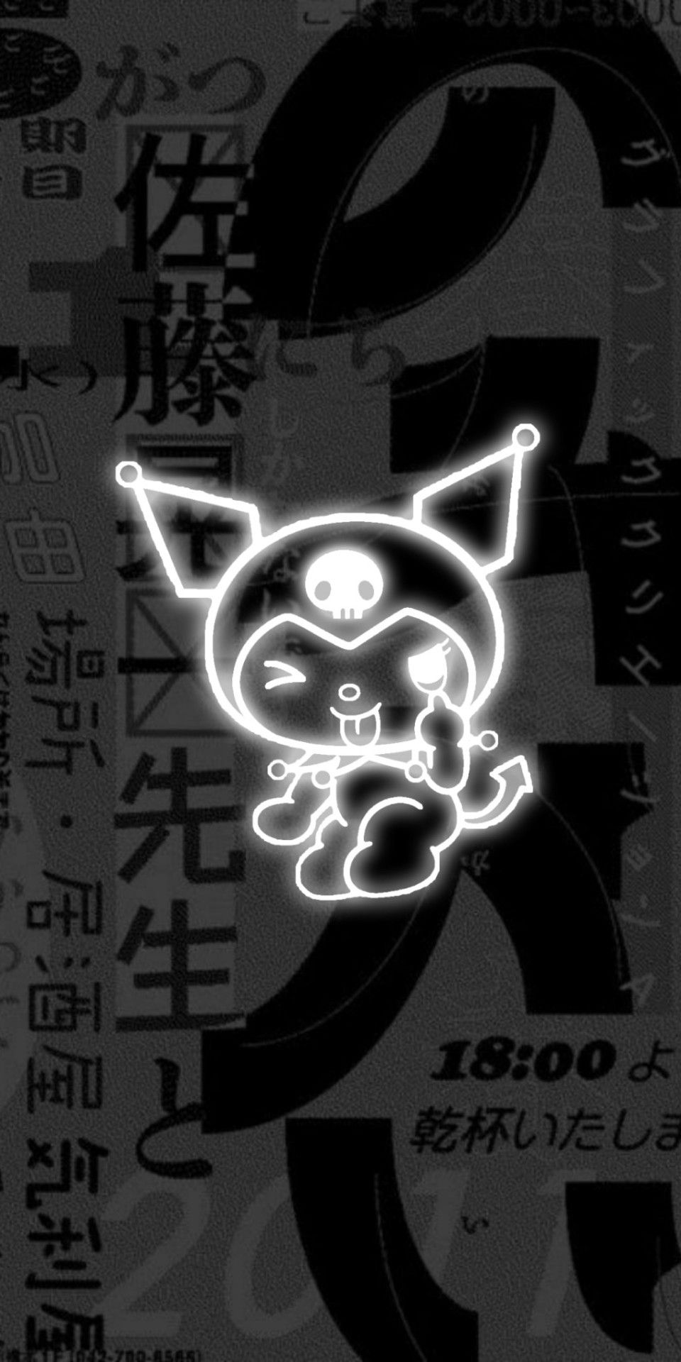 IPhone wallpaper of Sanrio character Kuromi in black and white with Japanese text in the background - Gothic
