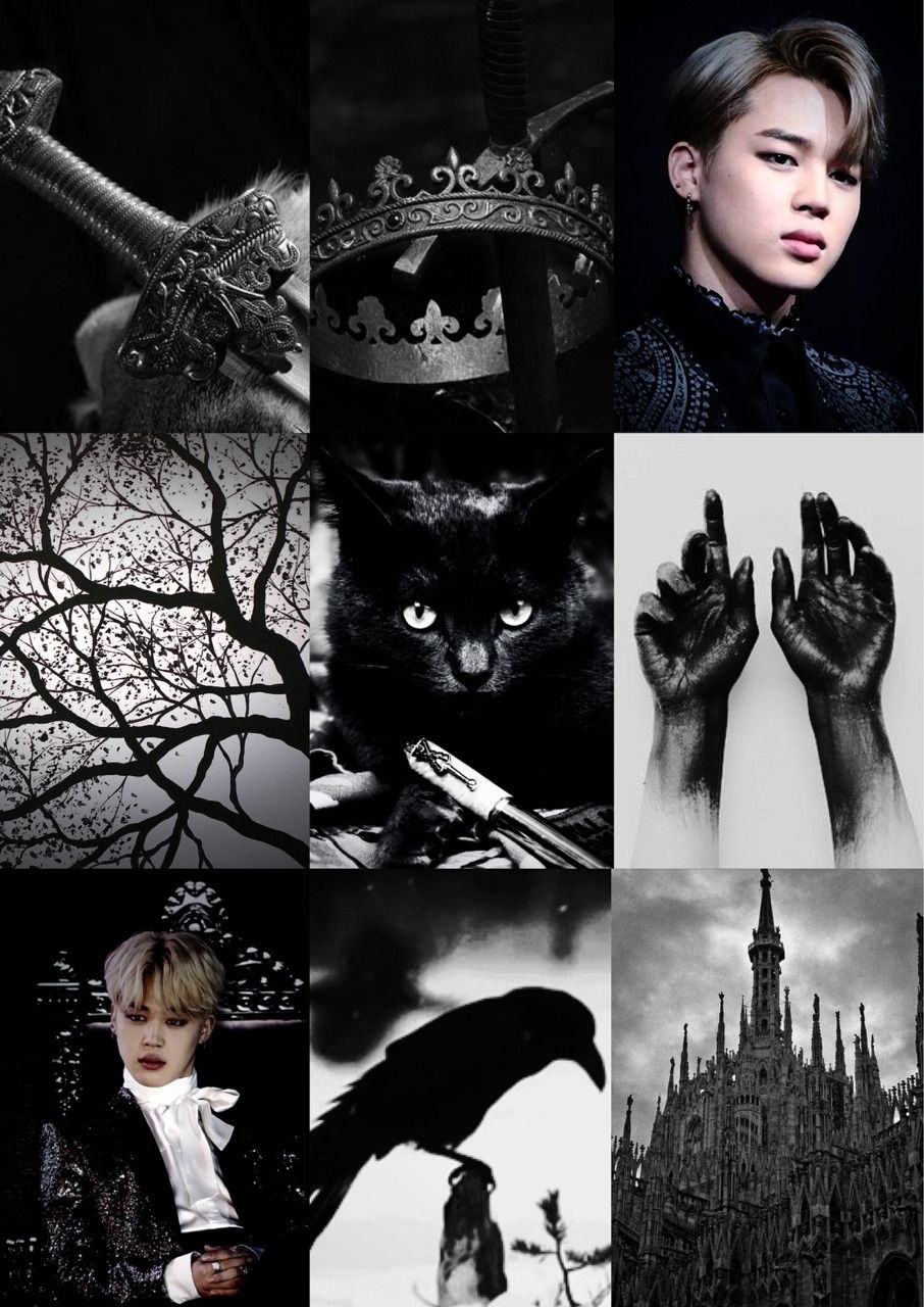 A collage of images including a crown, a cat, a castle, and black gloves - Gothic, Jimin