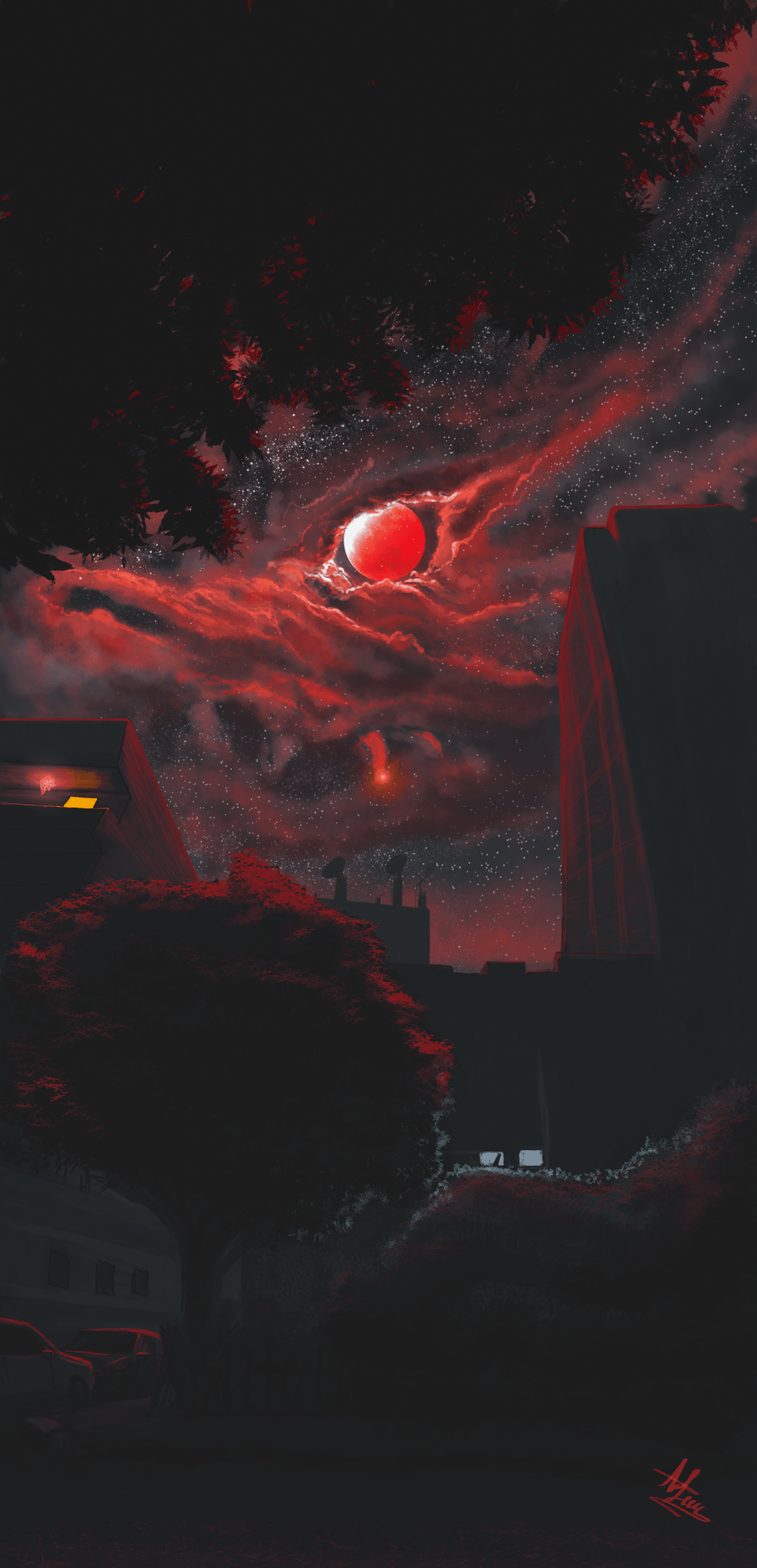 A red moon shines over a dark city - Blood
