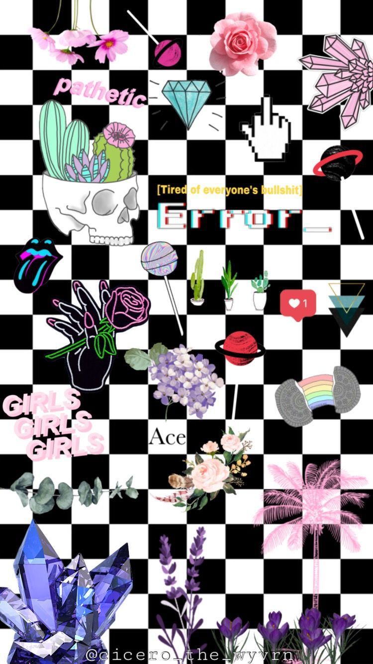 A poster with various flowers and other items - Grunge, checkered