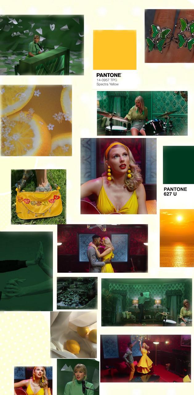 A mood board featuring Pantone's 2021 colors of the year, yellow and green. - Taylor Swift
