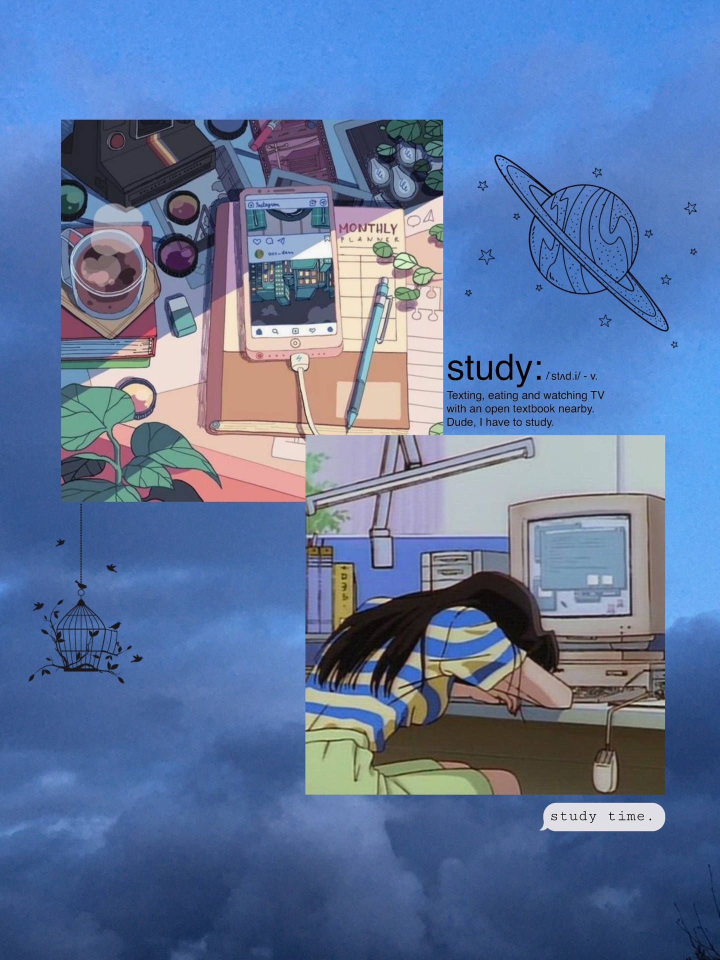 Aesthetic collage of a girl studying with a computer, books, and a phone. The background is blue with a cloudy sky. The girl is sitting with her head down on the desk. - Study