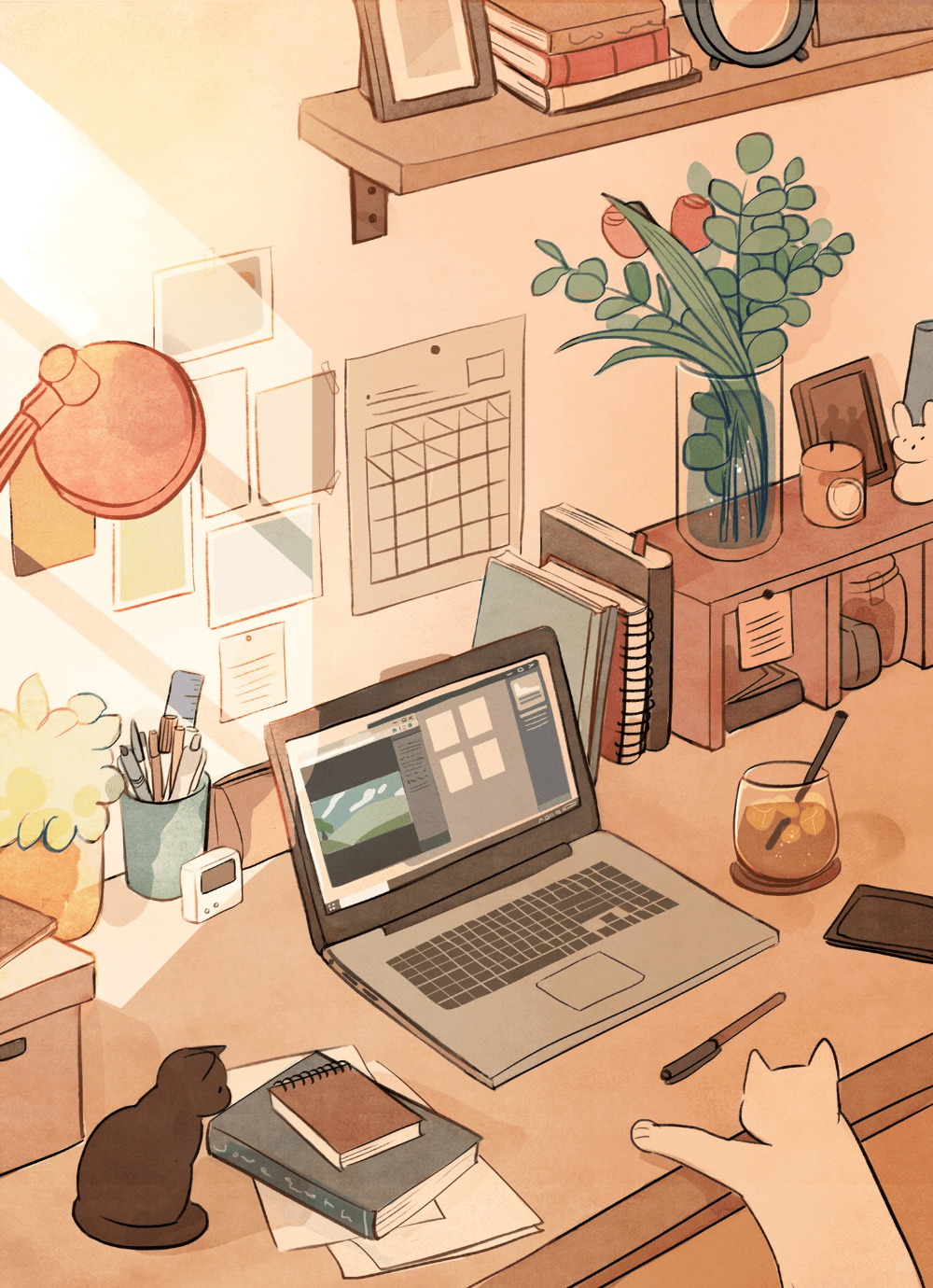 An illustration of a desk with a laptop, books, and a cat. - Study