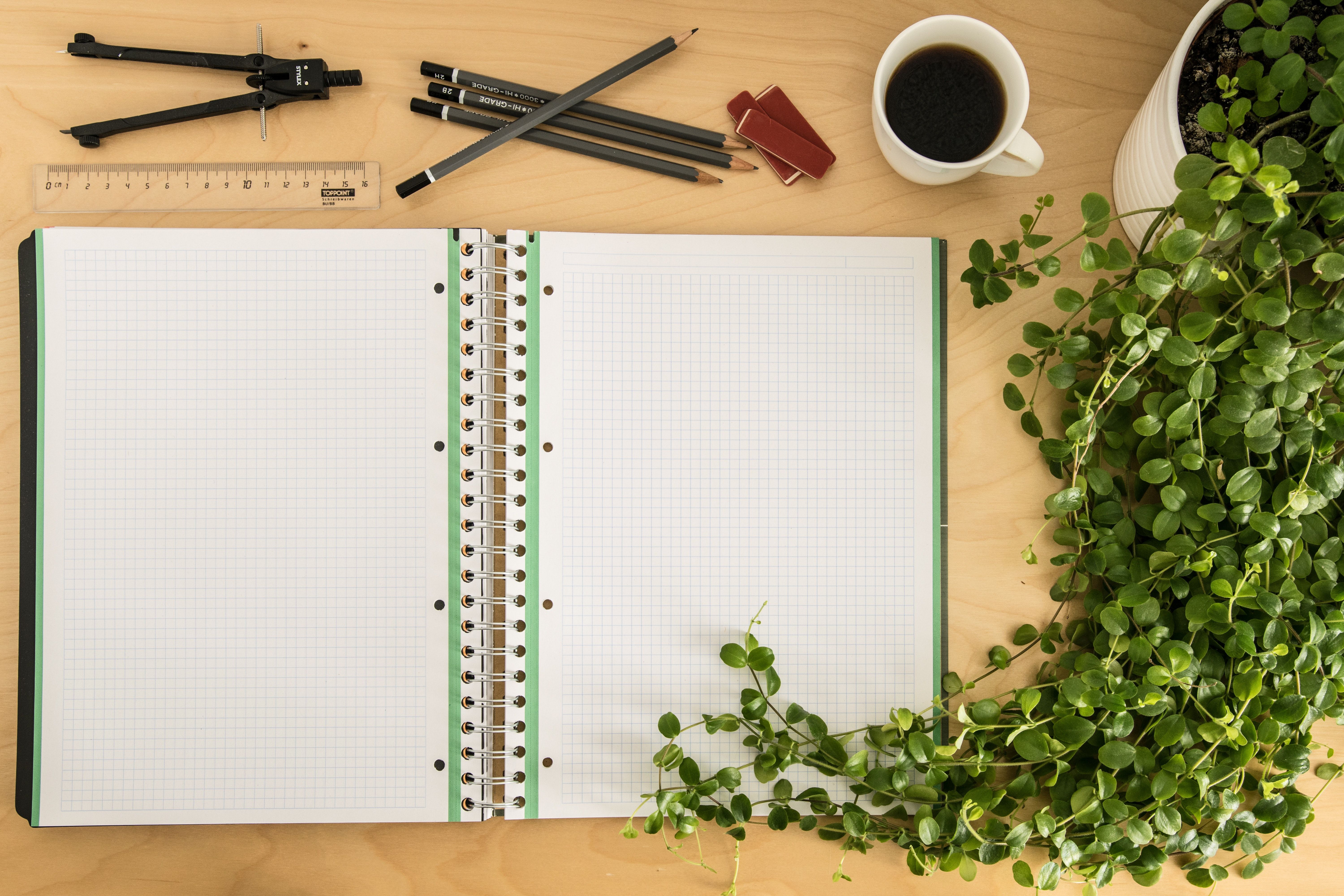 An open notebook with a plant, coffee, and writing tools on a desk. - Study