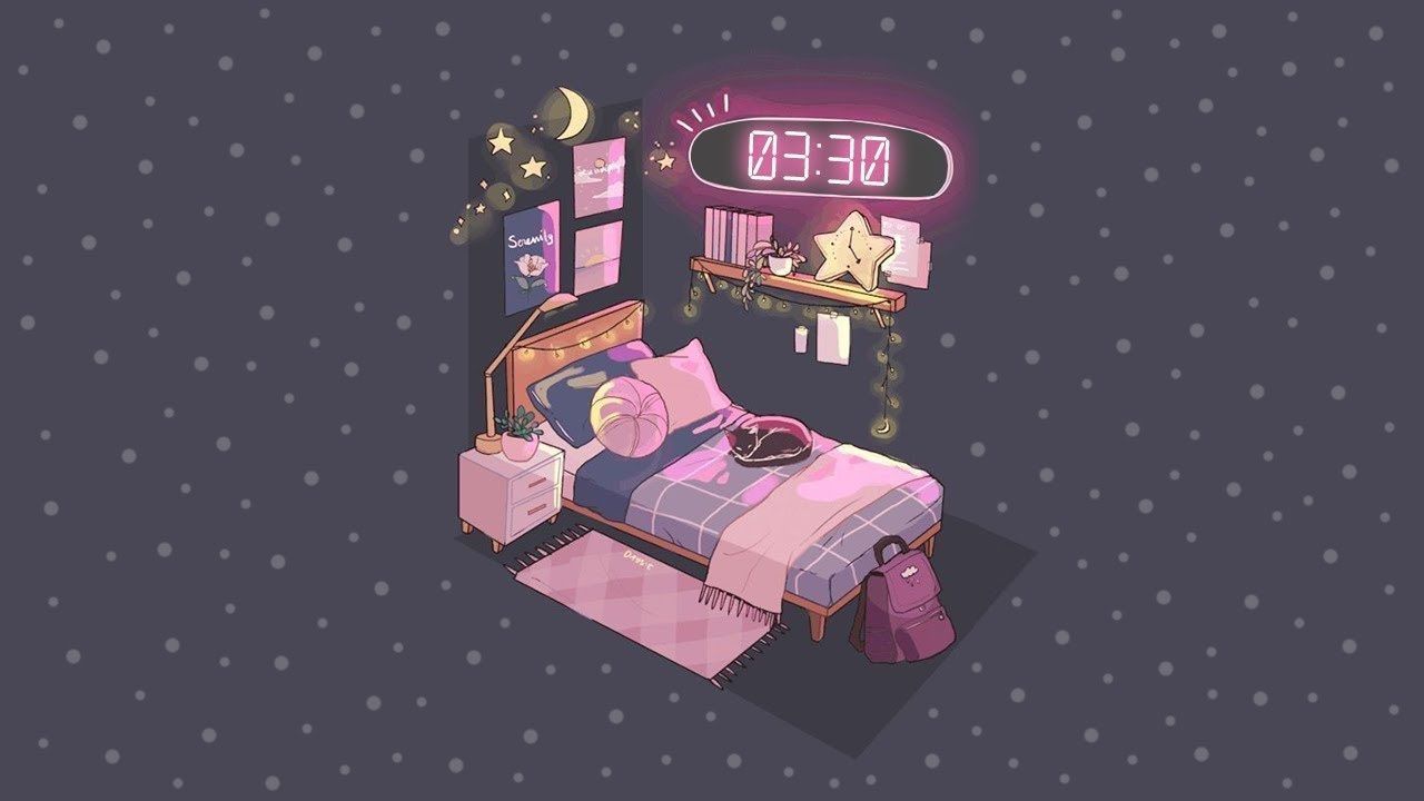 A bedroom with a pink bed, pink pillows, a pink backpack, and a pink clock. - Study, lo fi