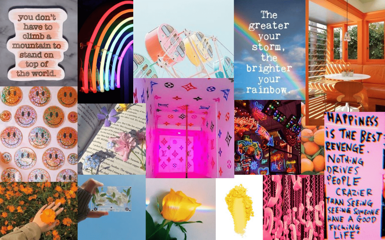 A collage of pictures with bright colors and text - Bright