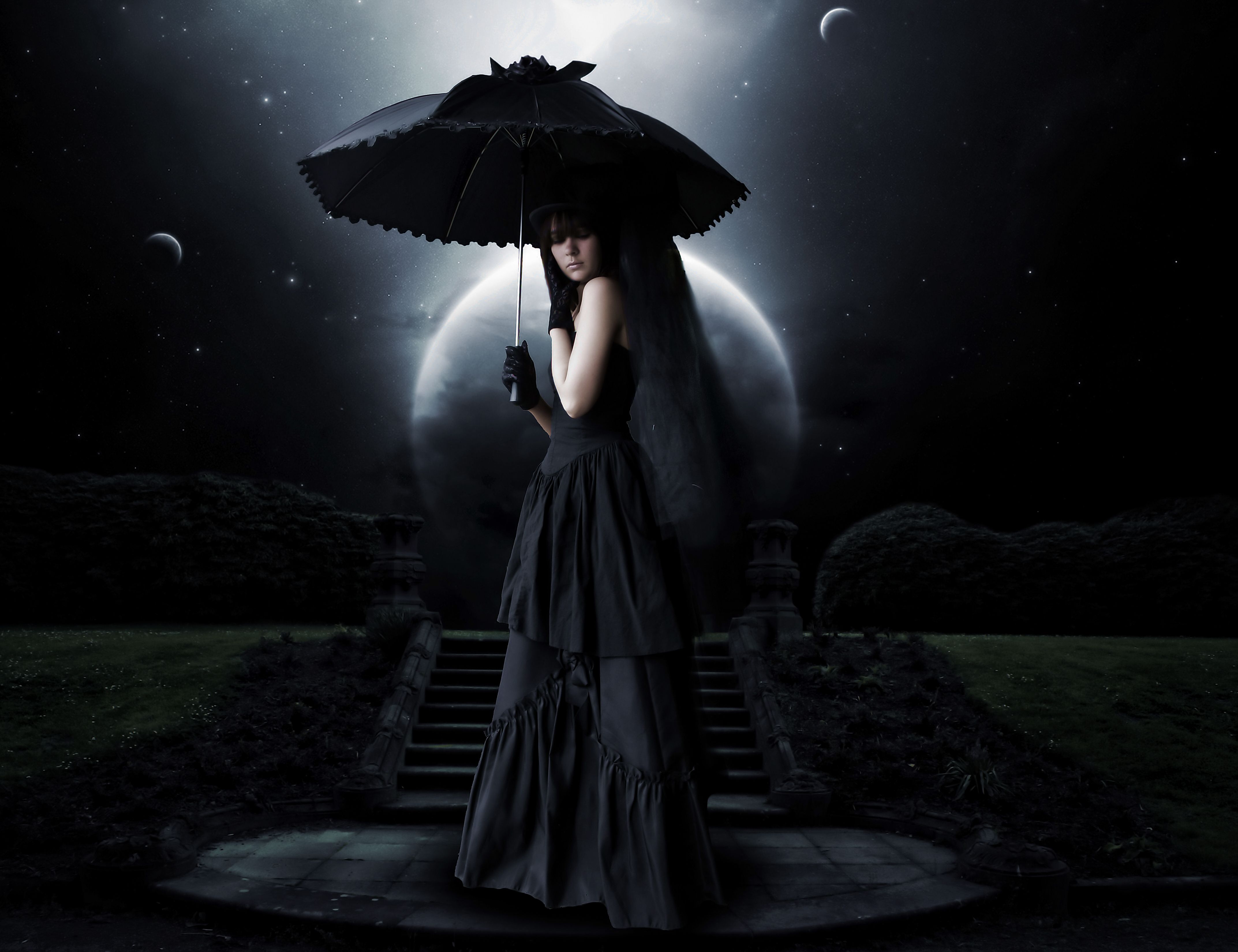 Gothic girl with umbrella in the moonlight - Gothic