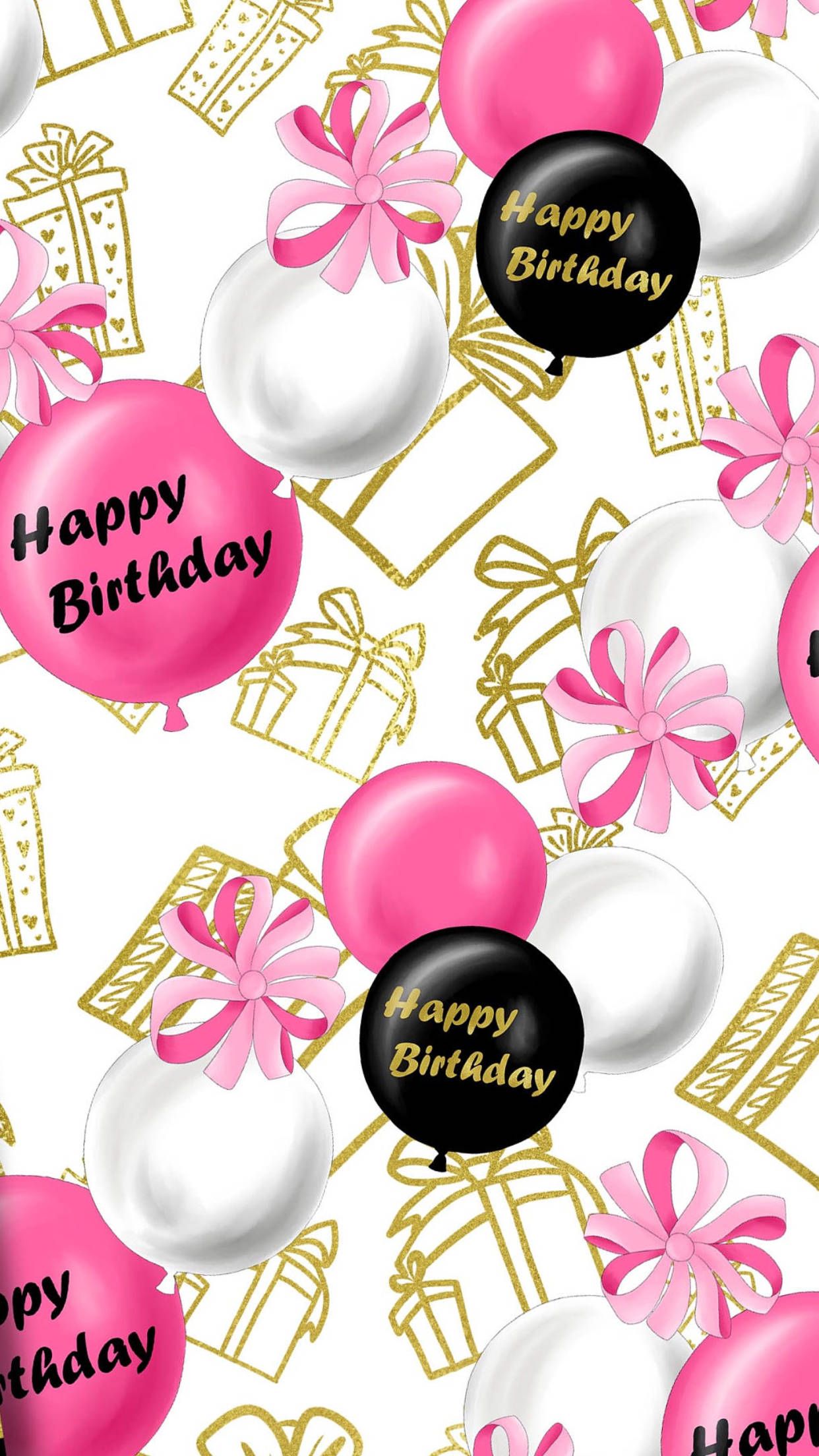 A pattern of pink, black and white balloons, presents and the words 