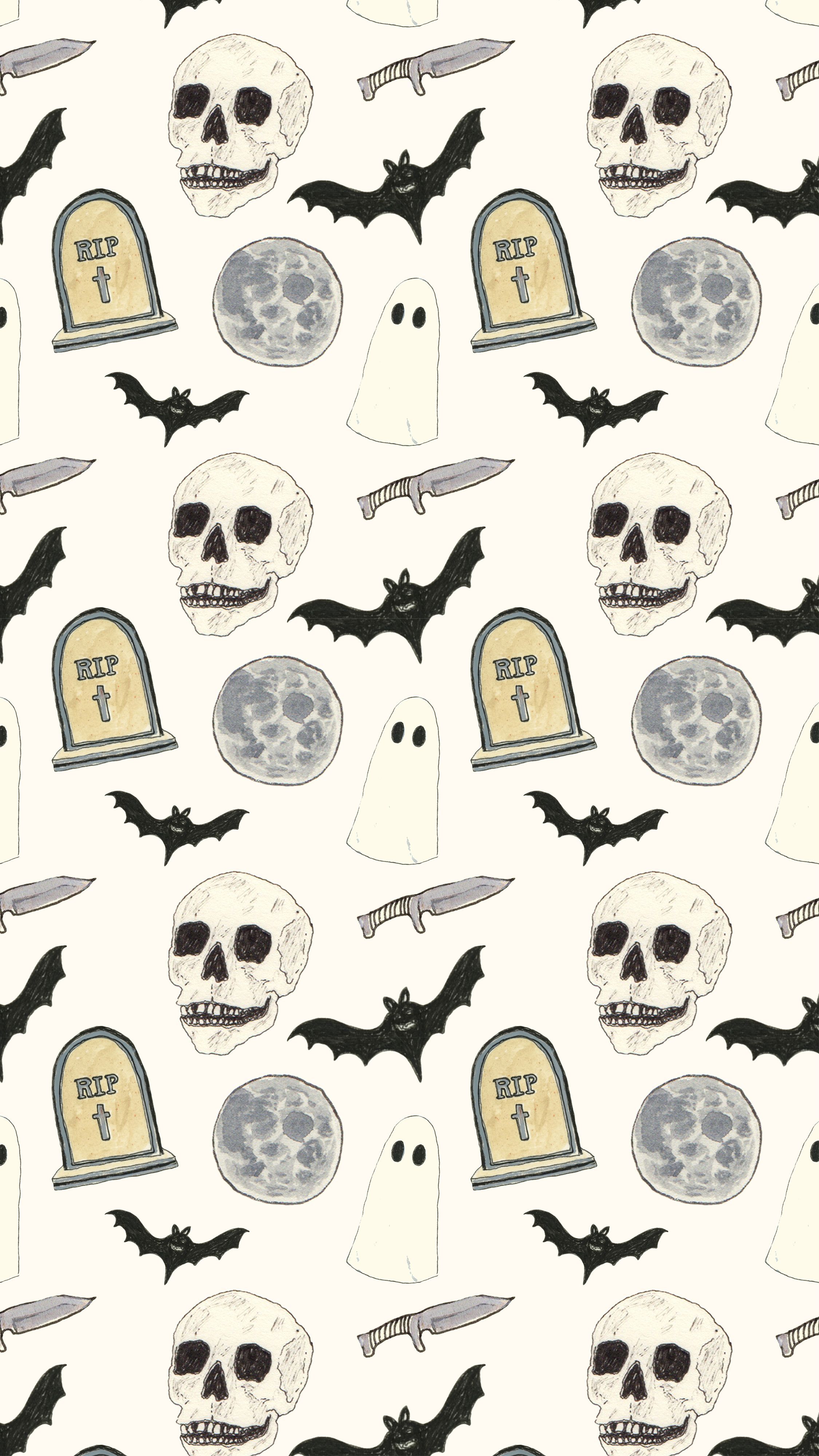 A pattern of skulls, bats, and tombstones on a cream background. - Gothic, creepy, spooky