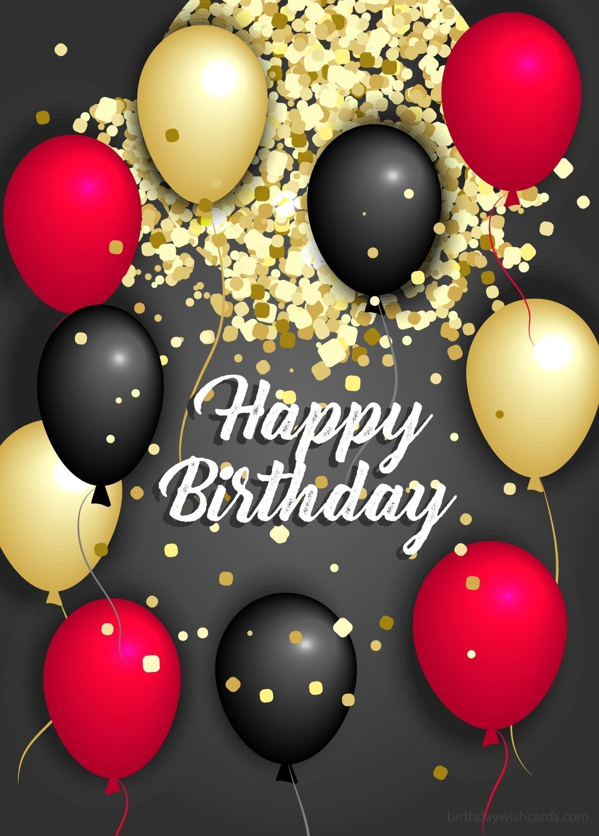 Black, red and gold balloons on a black background with golden confetti. - Birthday, balloons