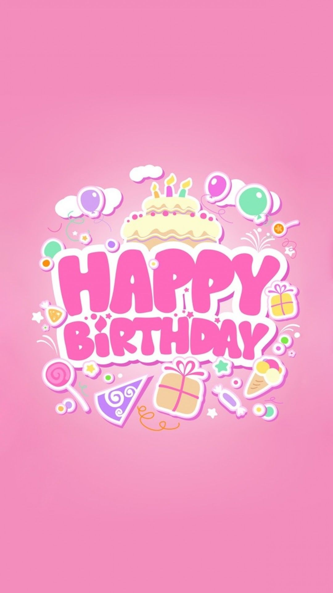 Happy birthday greeting card with cake, balloons and gifts on a pink background - Birthday