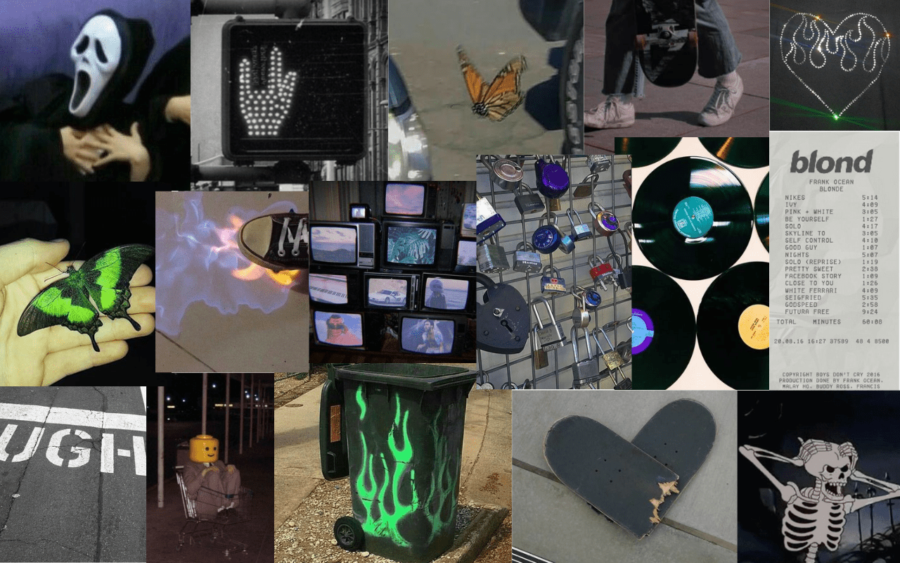 A collage of images including a butterfly, a trash can, a skeleton, and the word 