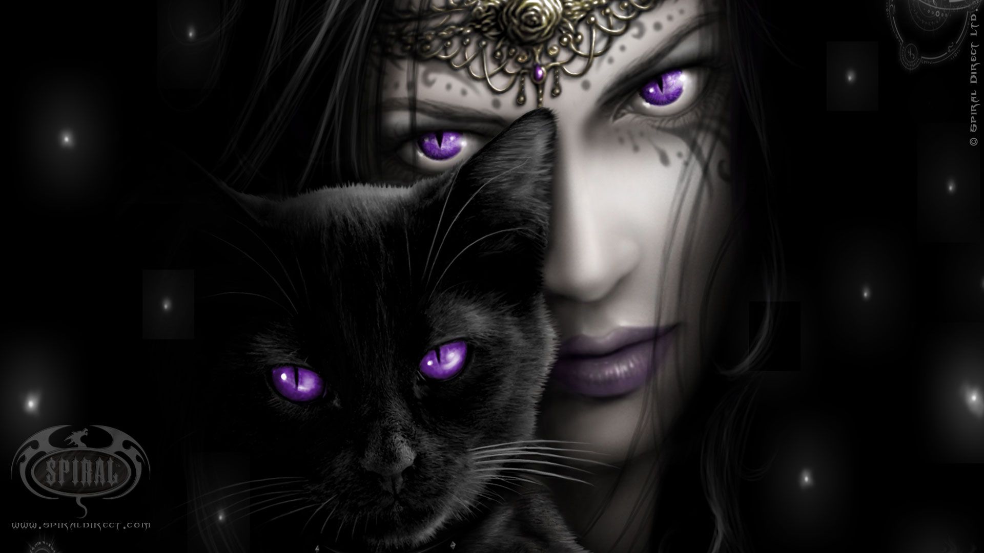 A woman with purple eyes and black cat - Gothic