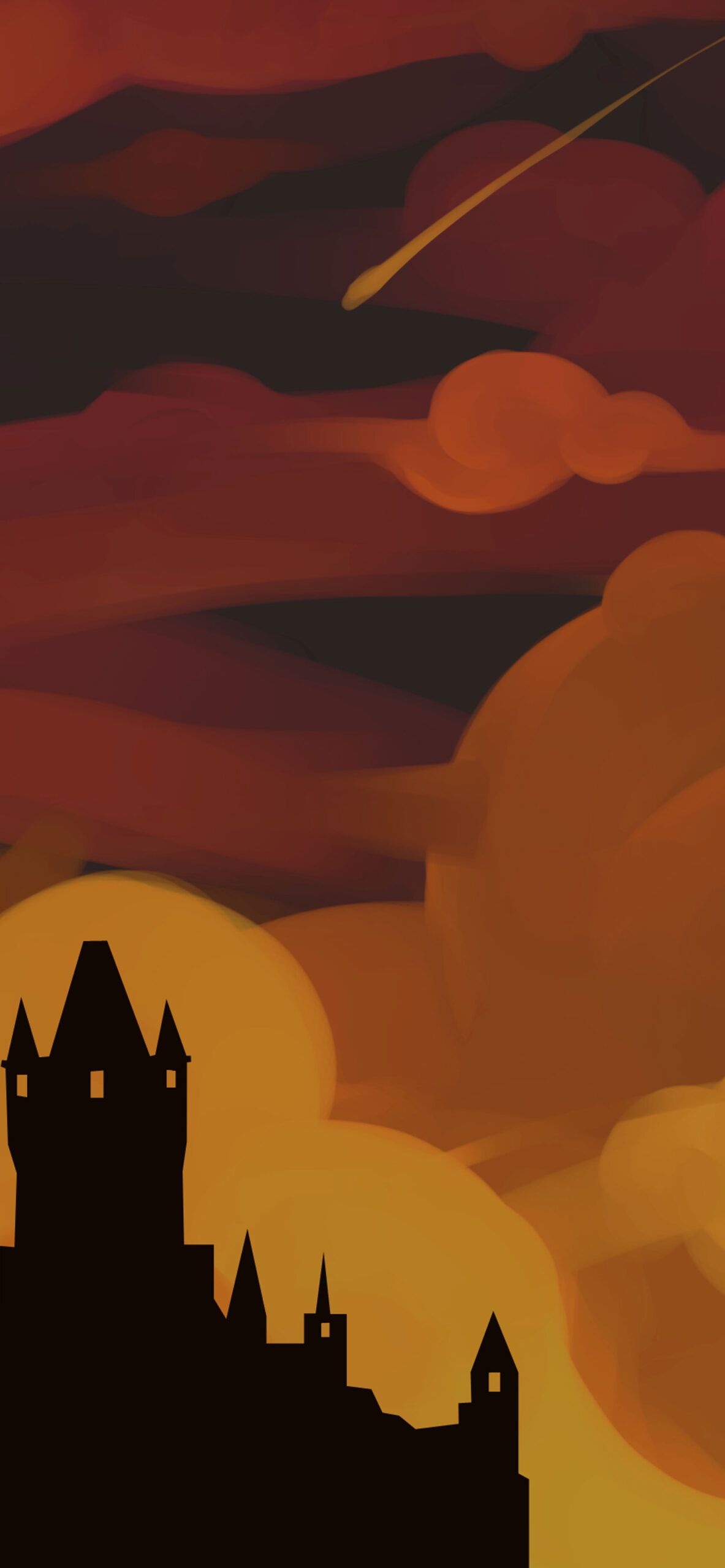 A castle sits in the foreground of a sunset with a shooting star in the sky. - Gothic, castle