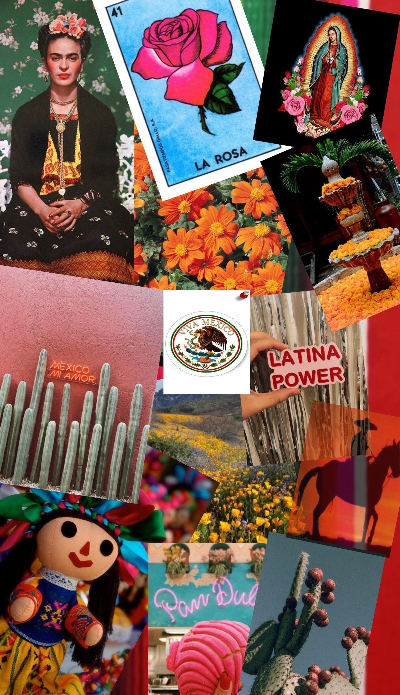 A collage of Mexican themed images including cacti, Frida Kahlo, and Lotería cards. - Mexico