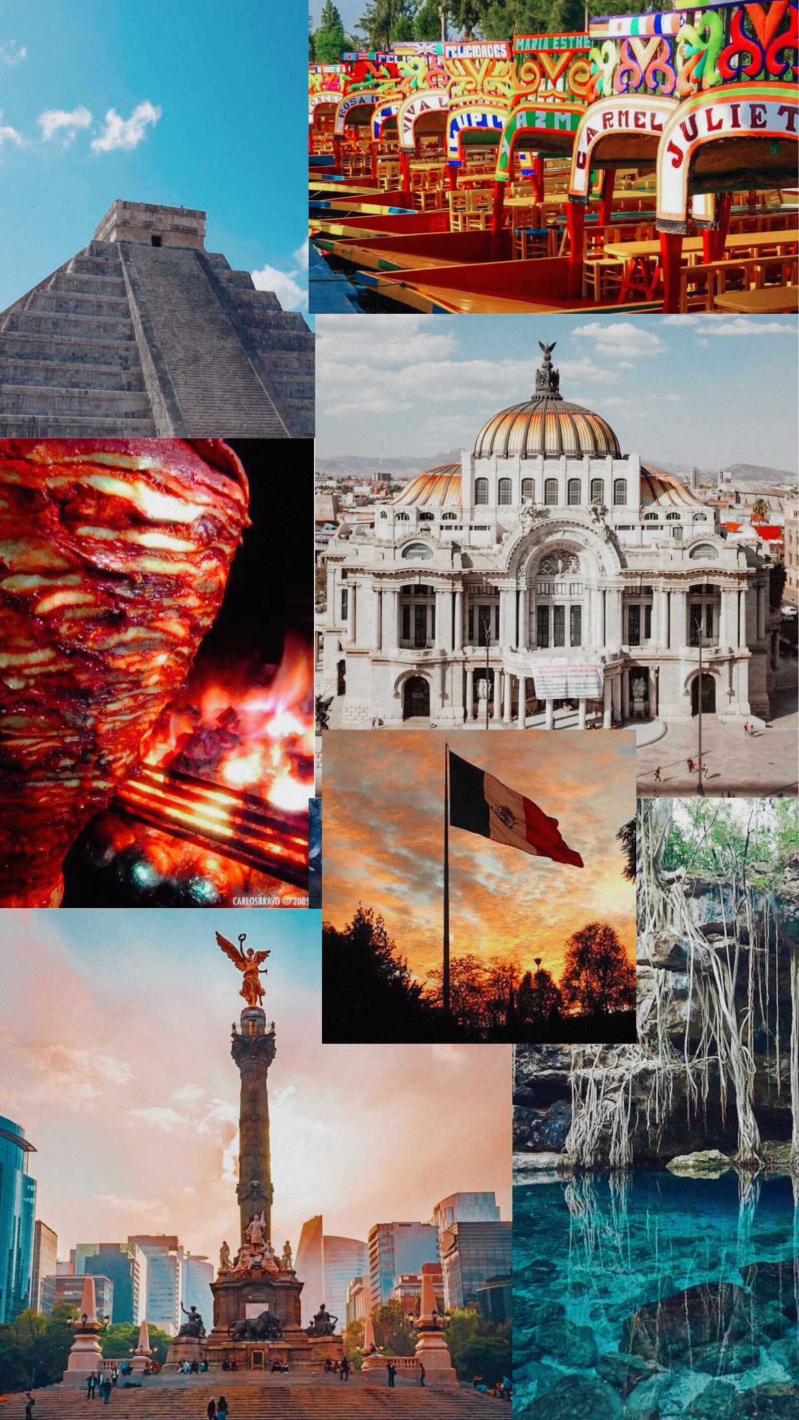 A collage of images of Mexico including pyramids, buildings, food, and nature. - Mexico