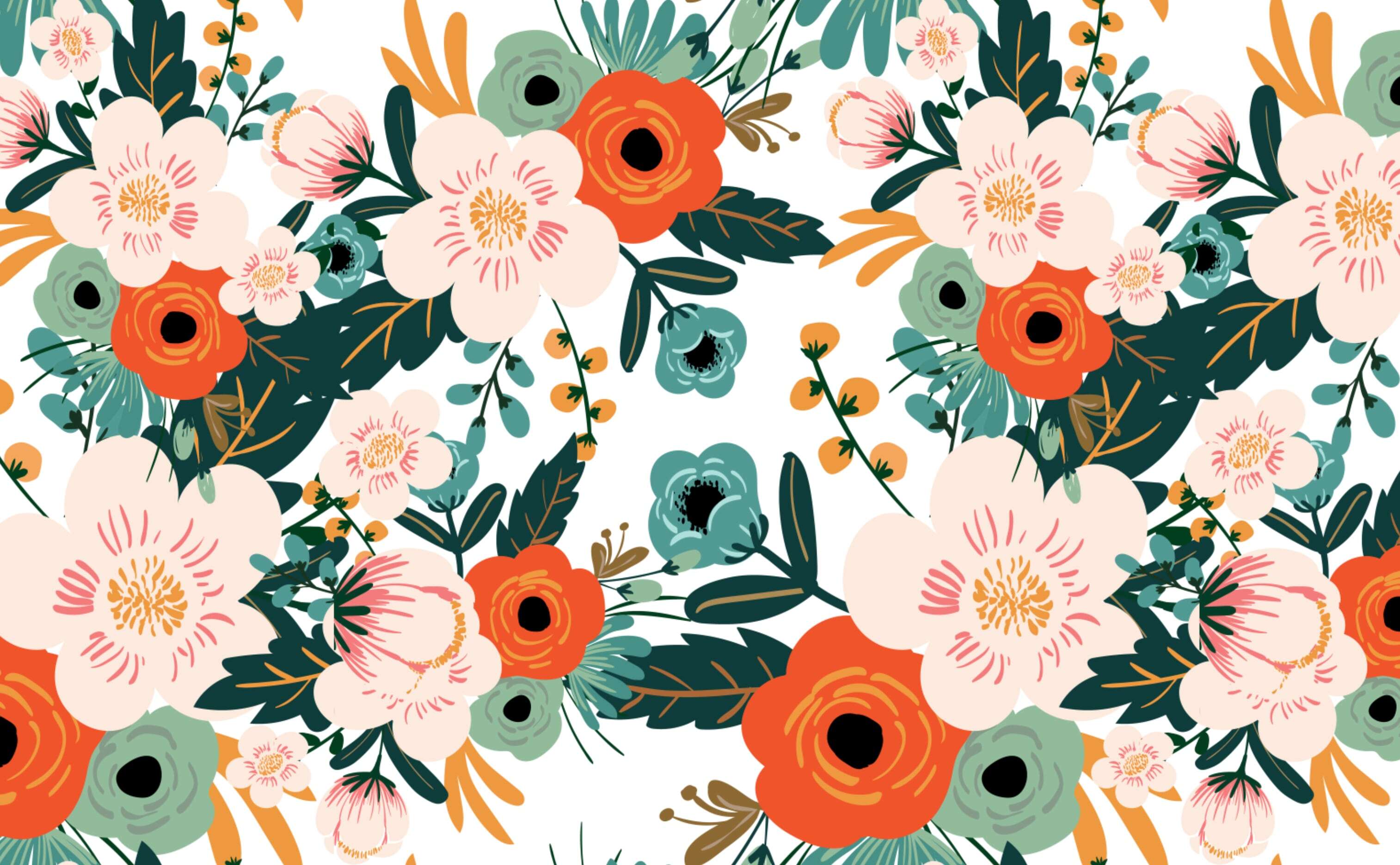 A floral pattern with orange and green flowers - Bright