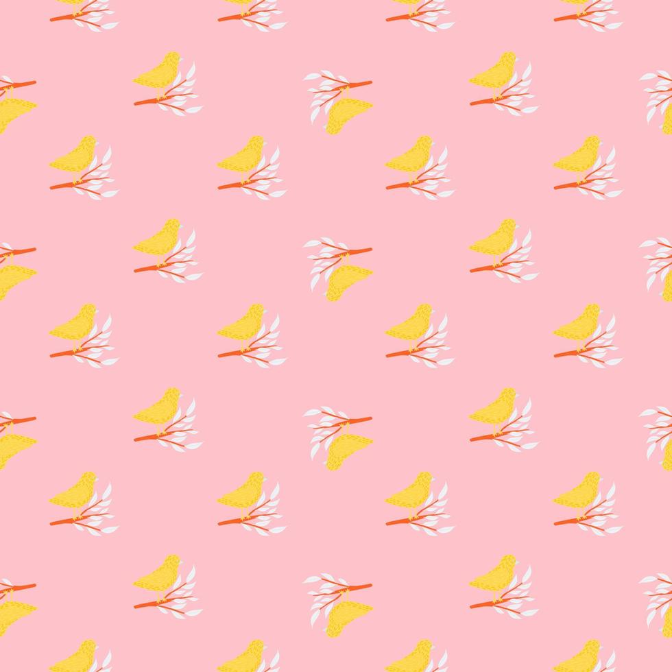 Bright seamless doodle pattern with yellow bird silhouettes on branches. Pink pastel background