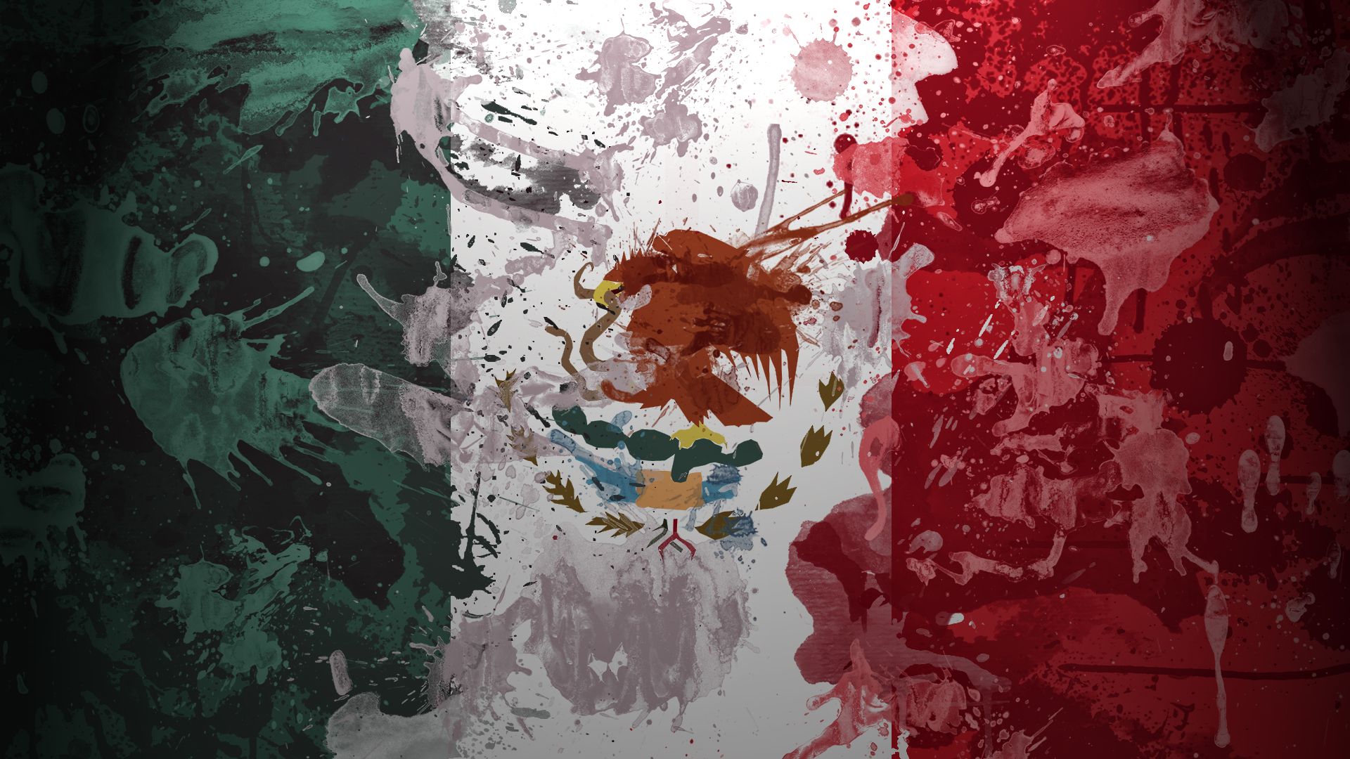 A painting of the mexican flag with paint splattered on it - Mexico