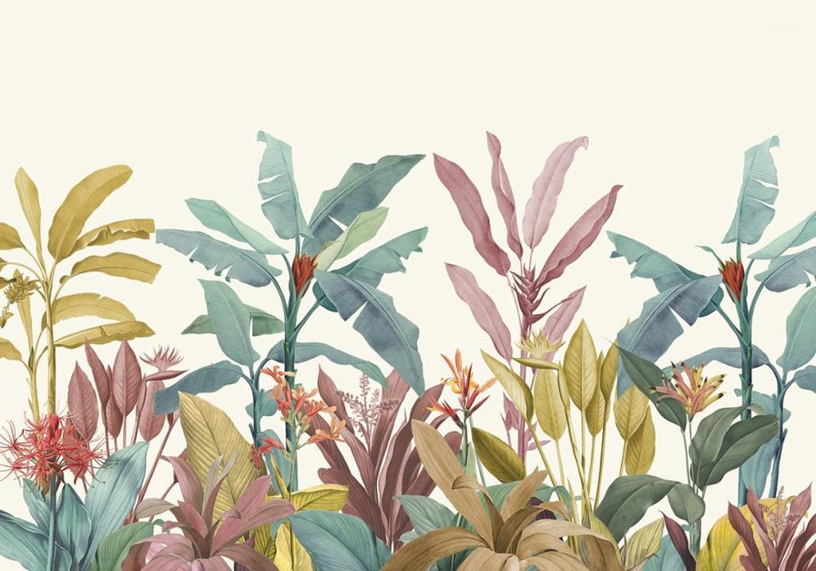 A mural with a variety of tropical plants on a white background - Tropical