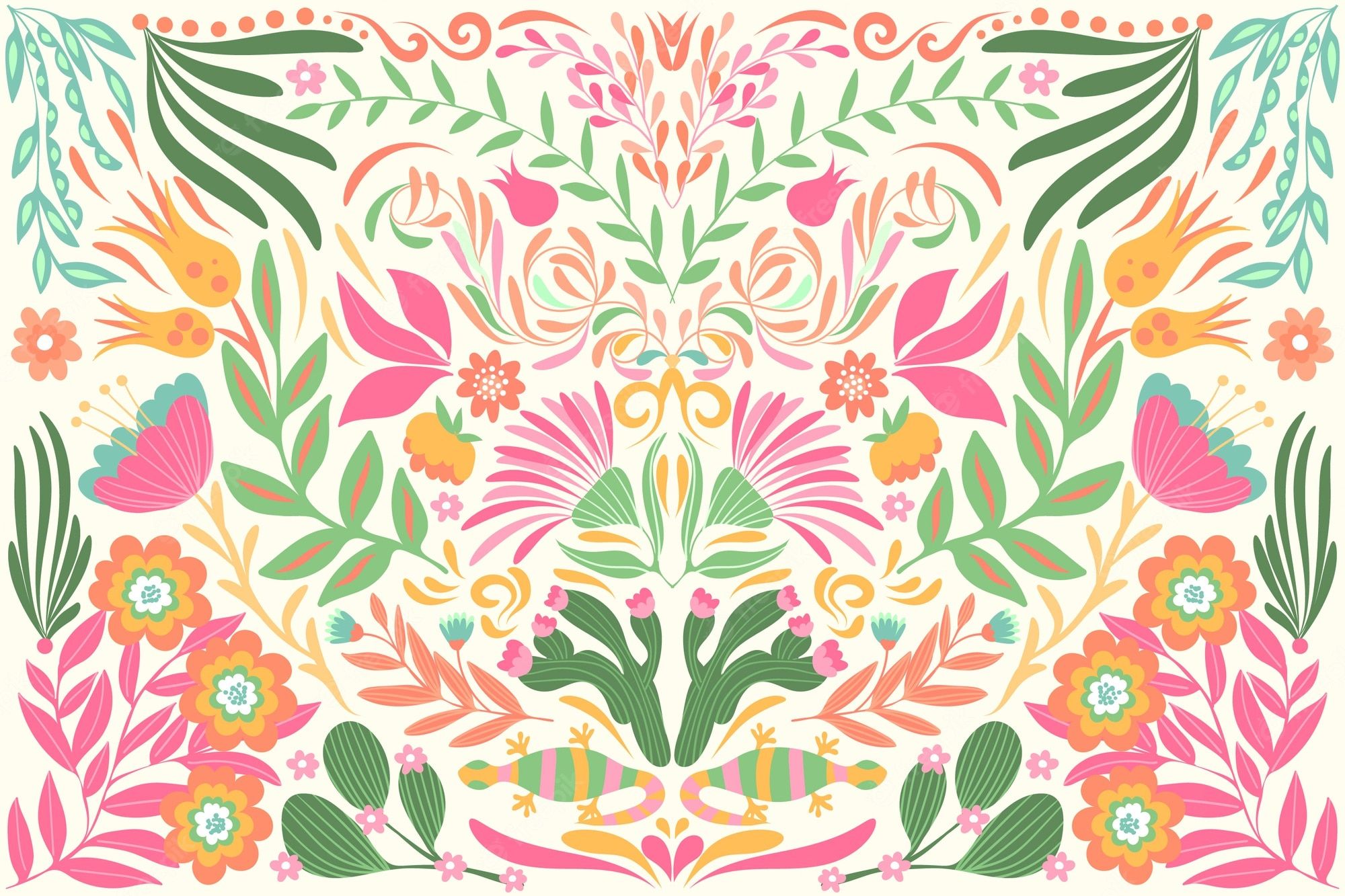 A colorful pattern of flowers and leaves on a cream background - Mexico