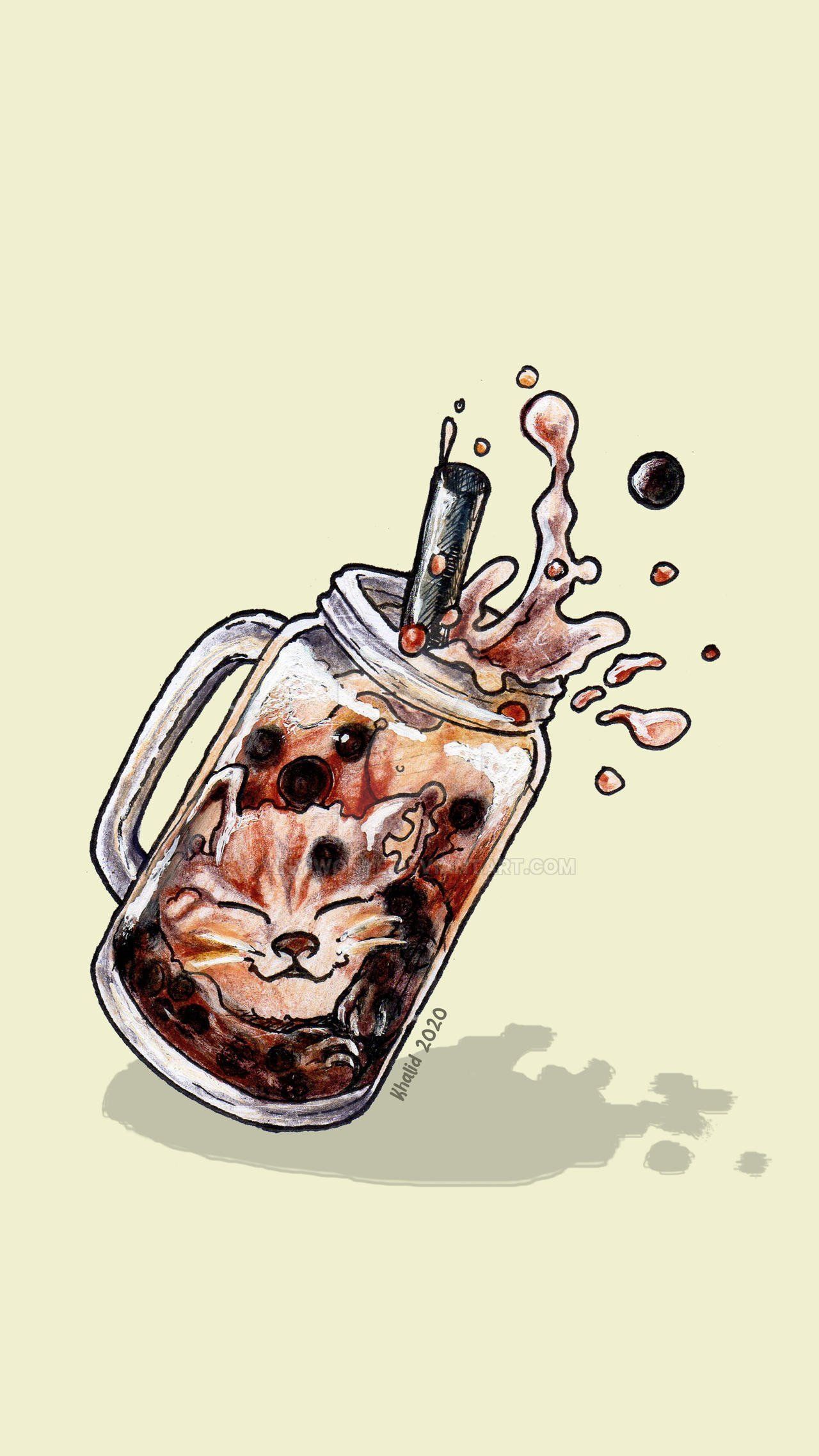A Boba drink with a fox, a dog and a cat inside - Boba