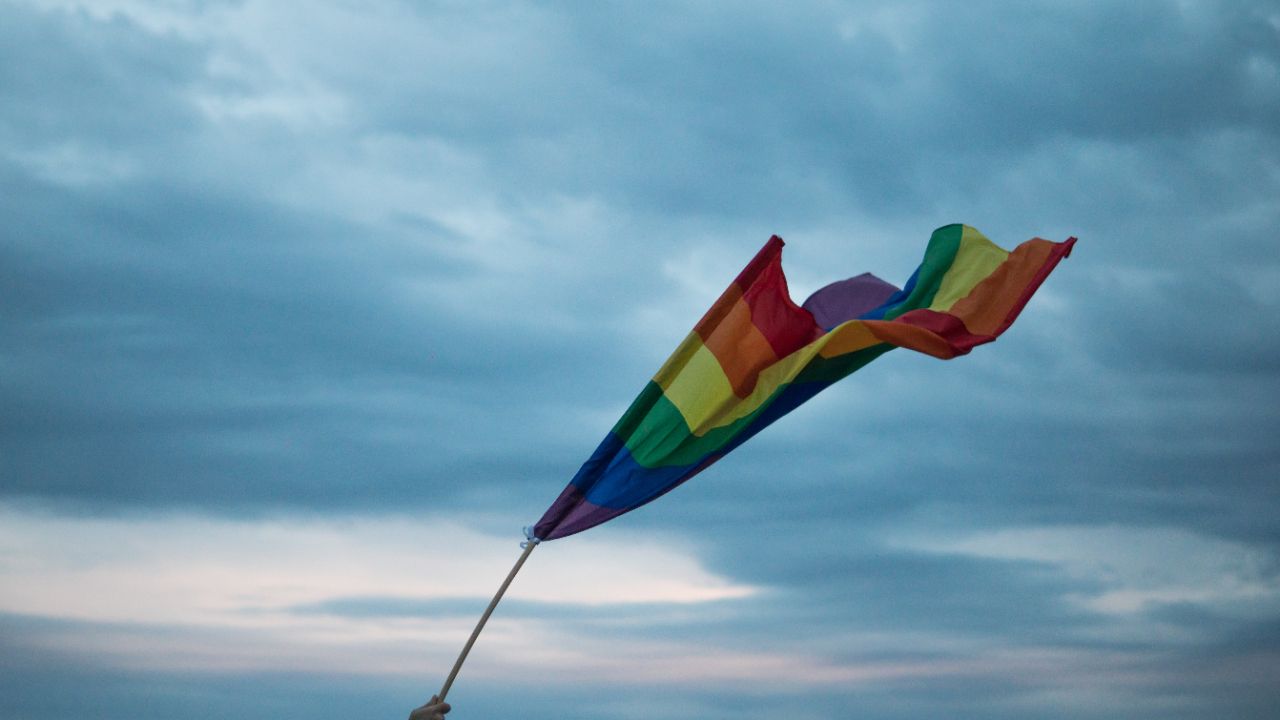 A person holding up an rainbow flag - LGBT