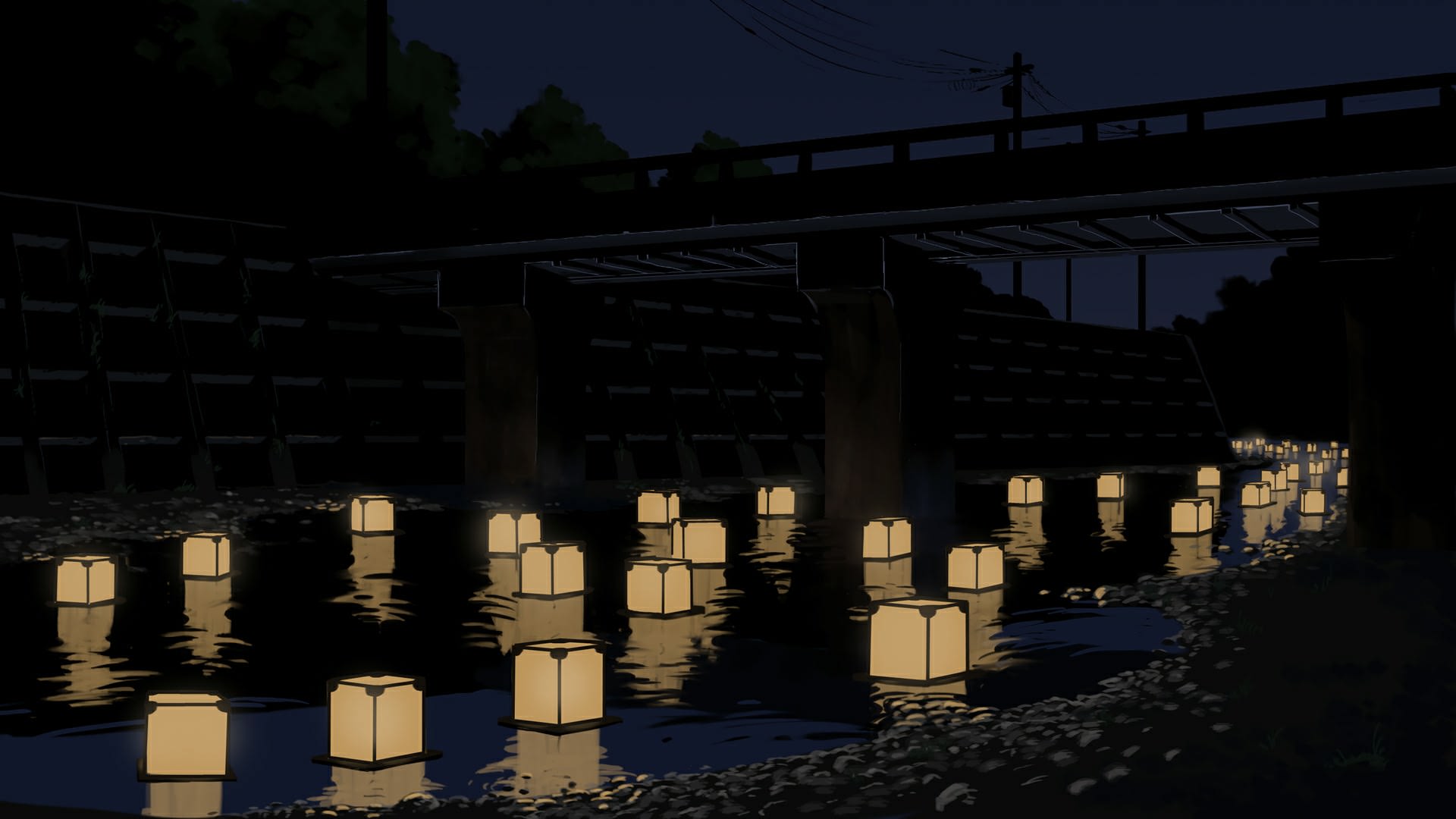 A bunch of lanterns floating in the water - Night