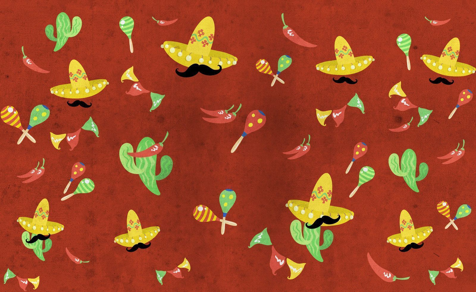 A red background with a repeating pattern of sombreros, cacti, maracas, and chili peppers. - Mexico