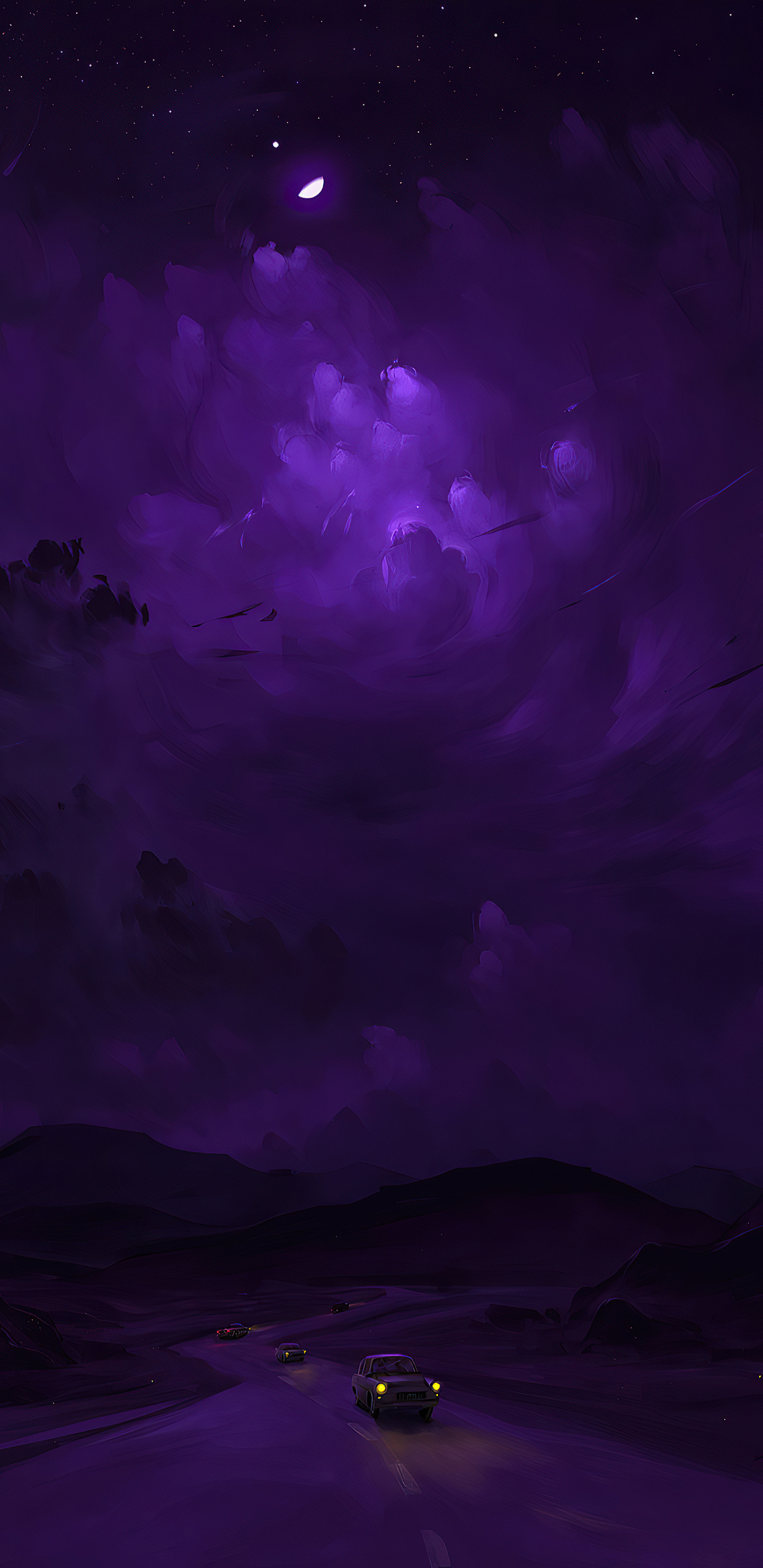 A purple sky with clouds and stars - Night