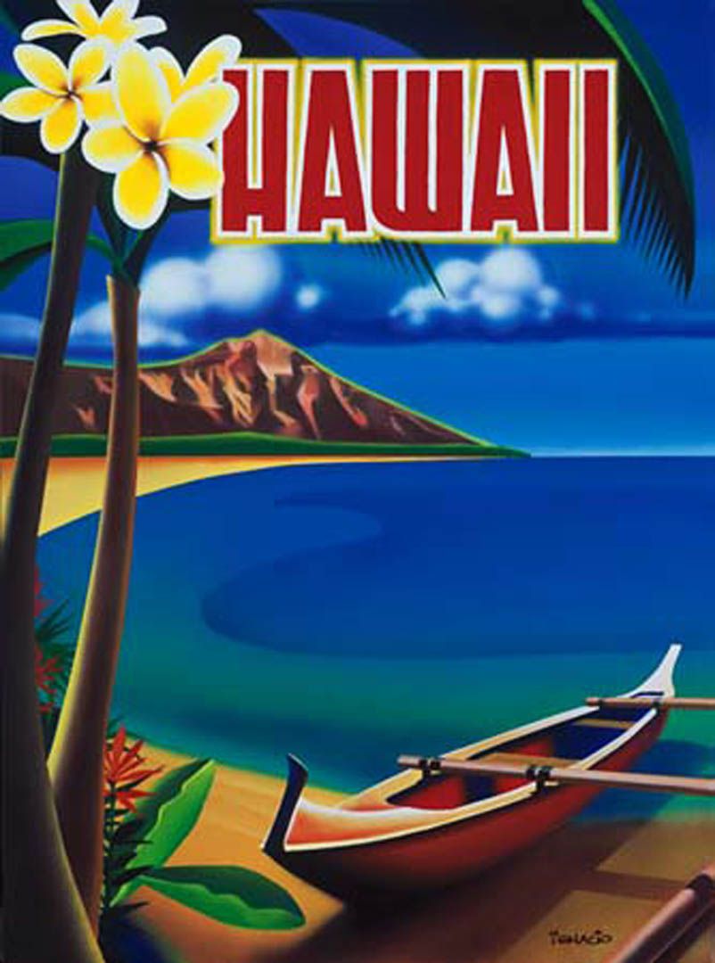 A vintage Hawaii travel poster featuring a outrigger canoe on the beach. - Hawaii