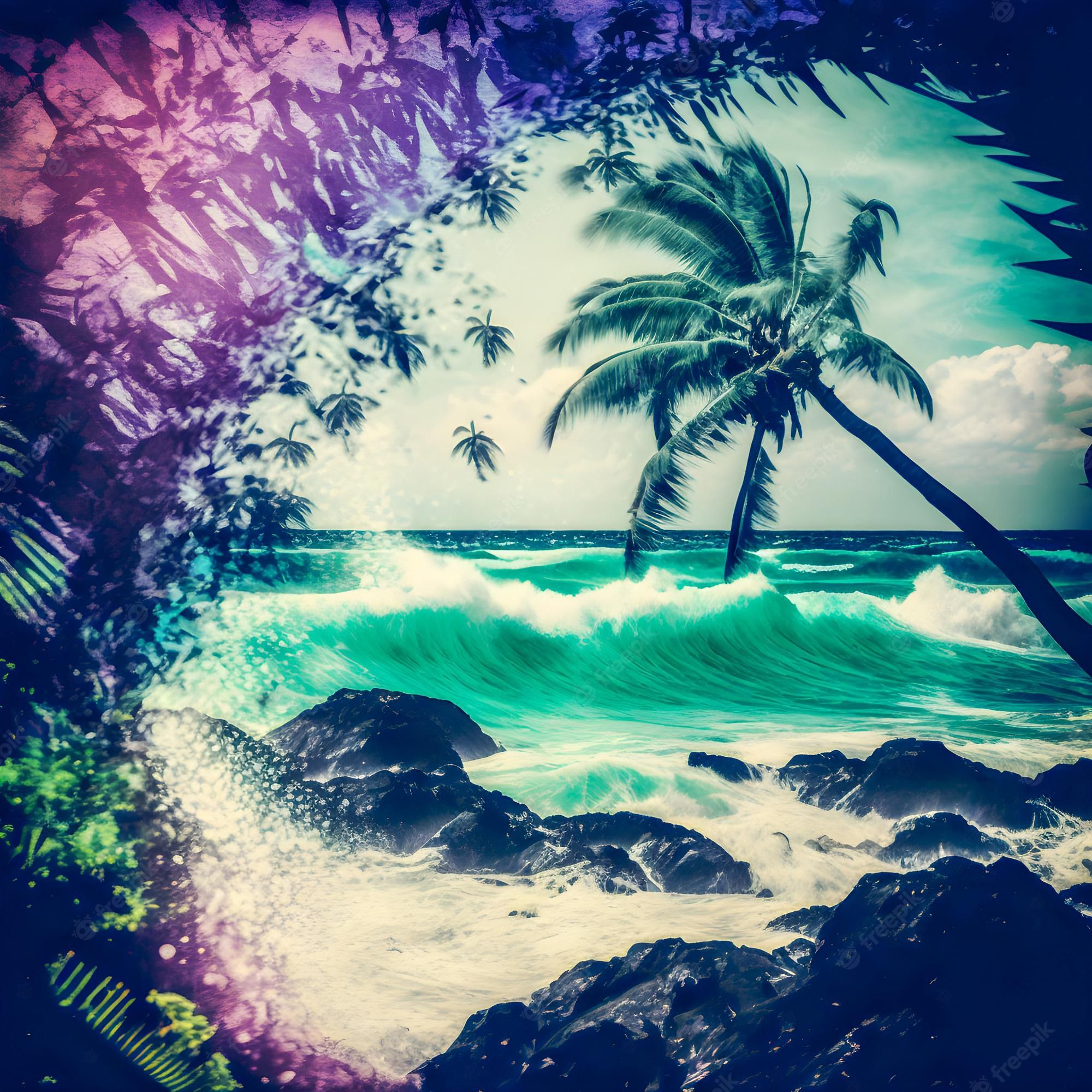 Premium Photo. Hawaii palm tree and ocean waves illustartion