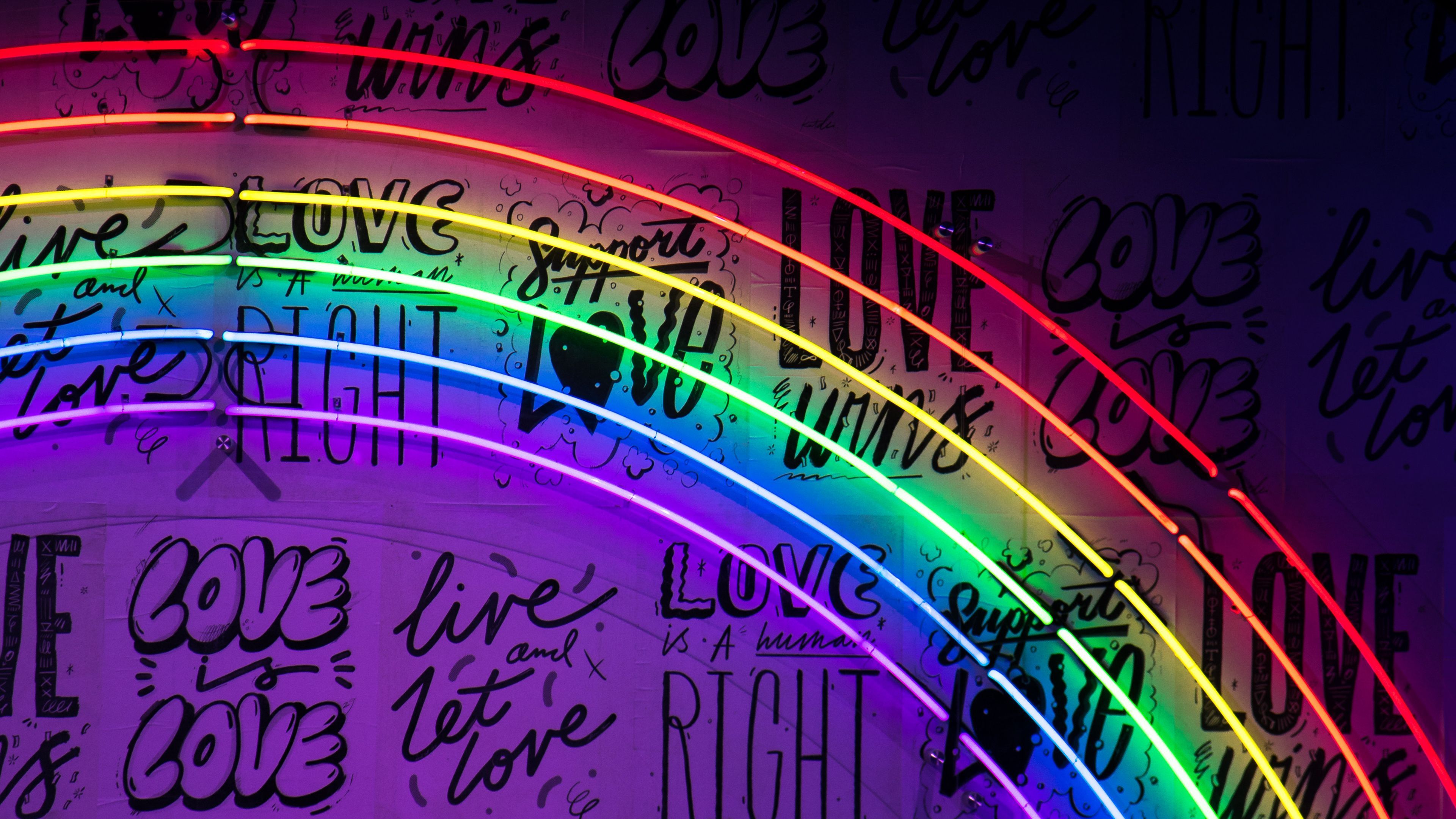A neon rainbow of light against a wall of black text - Rainbows