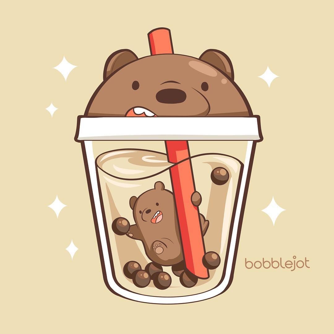 A bear is drinking from an ice cream cup - Boba