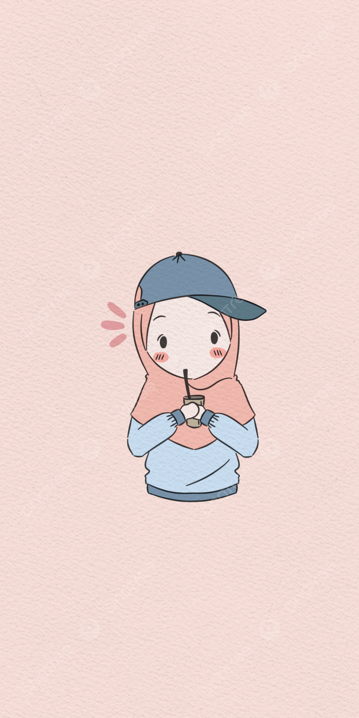 Illustration of a girl in a hijab holding a cup of coffee - Boba