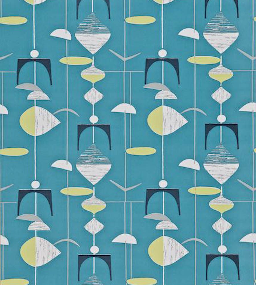 A mid-century modern style pattern of shapes and lines in yellow, white and grey on a blue background - 50s