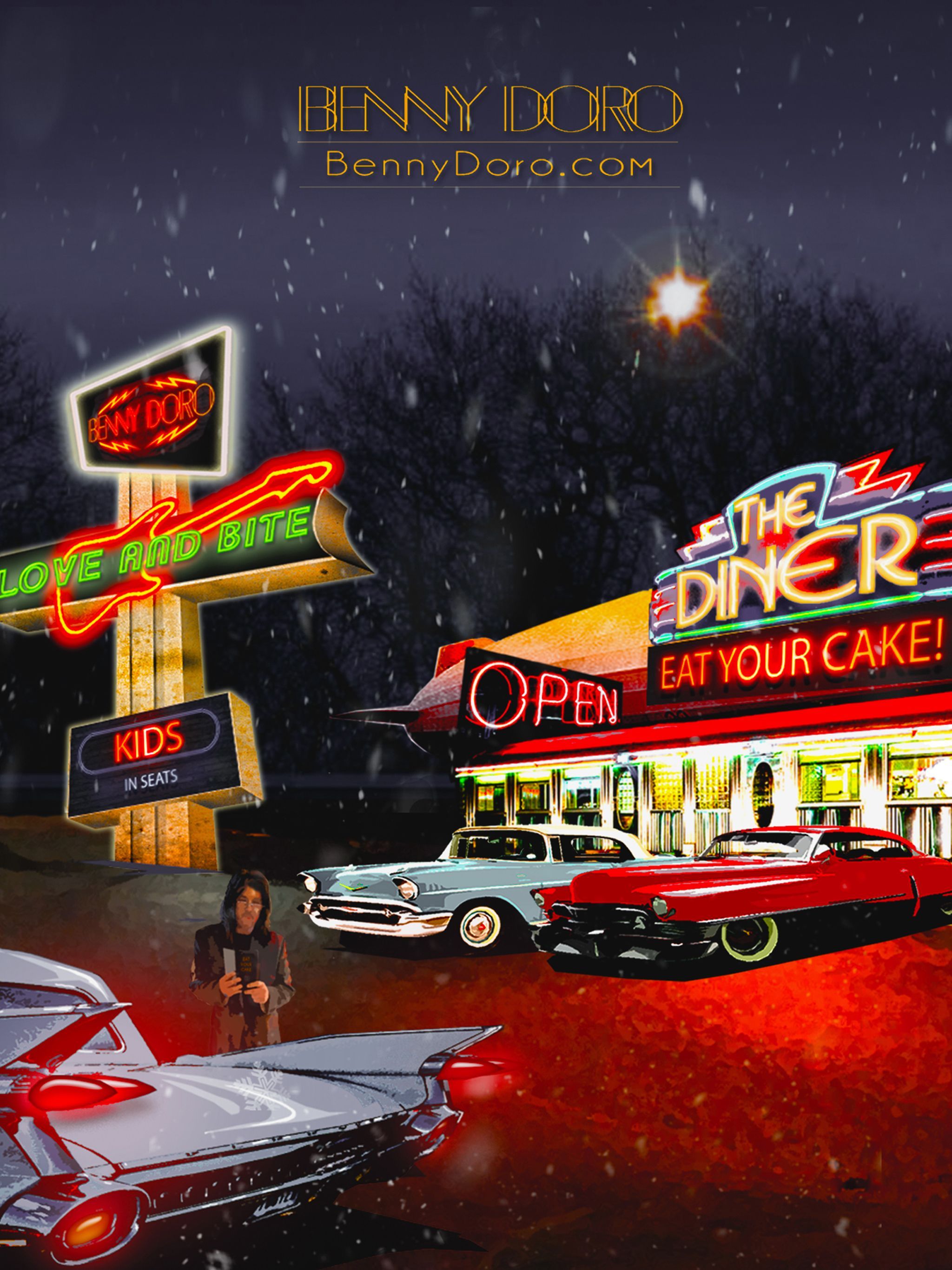 Digital painting of a diner with a woman standing in front of a sign that says 