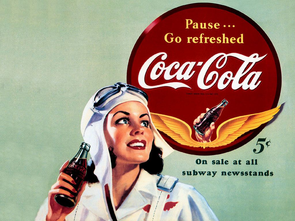 A vintage Coca-Cola advertisement featuring a woman in a white uniform holding a bottle of Coca-Cola. - 50s