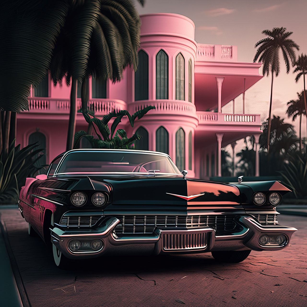 A car parked in front of an old pink house - 50s