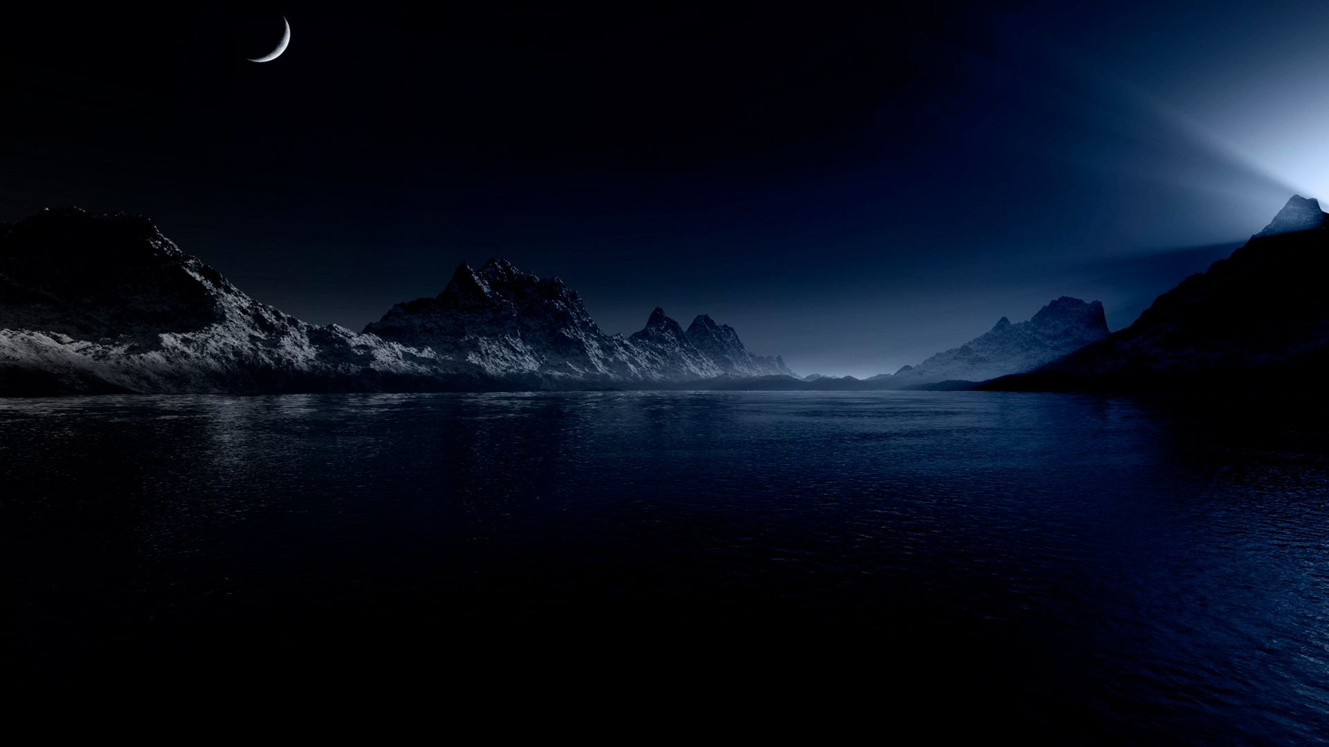 A dark night with a half moon and stars above a lake and mountains - Night