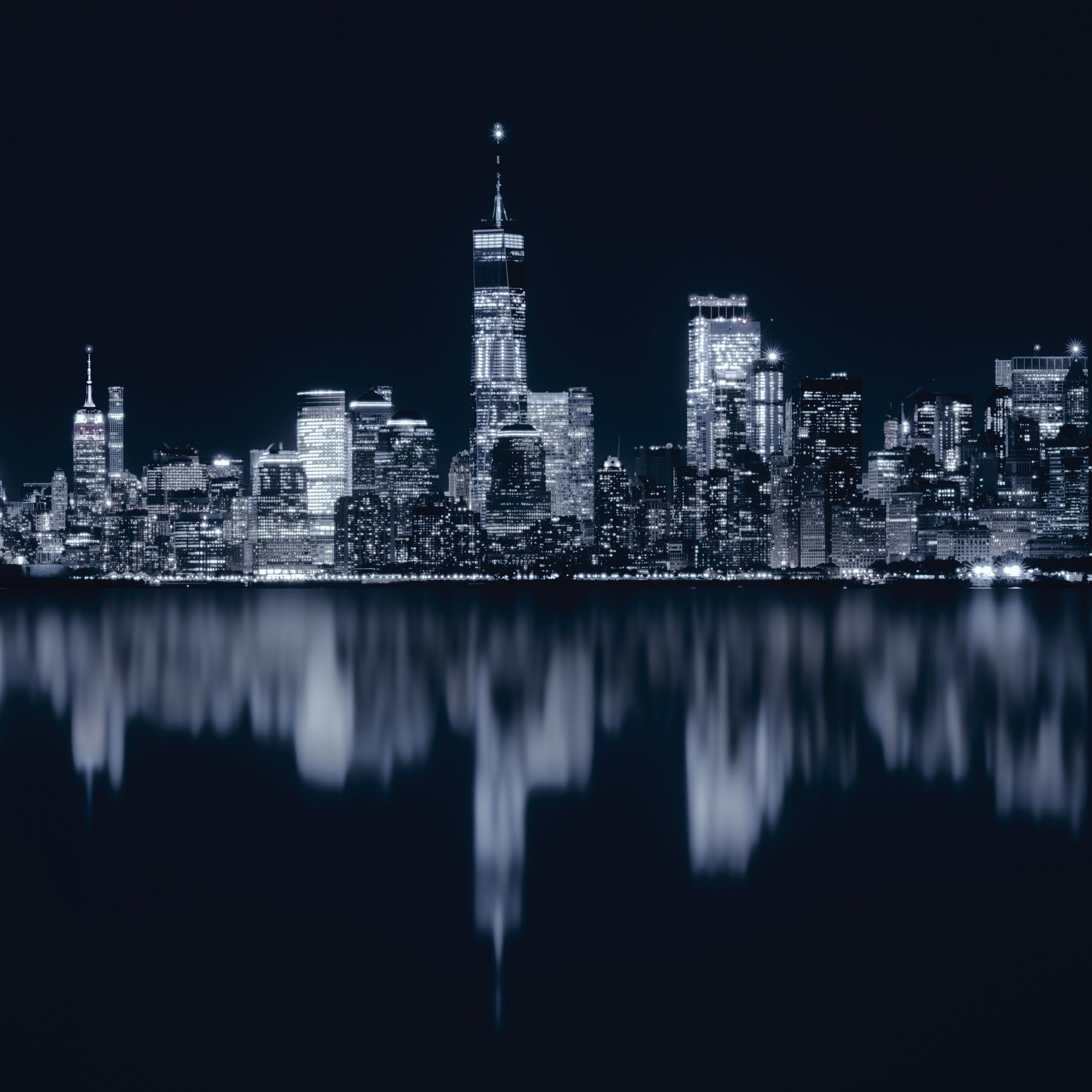 A black and white photo of the New York skyline at night - Night, New York, city, anime city, cityscape